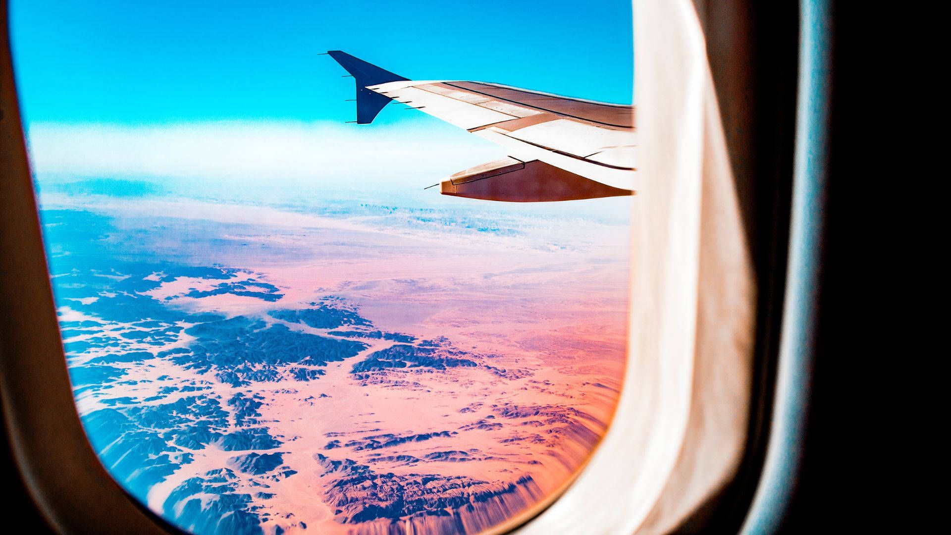 Flugzeugfenster, Tragfläche, Luftaufnahme, Landschaft, Rosa und Blau, Full HD, Breitbild-Hintergrundbild