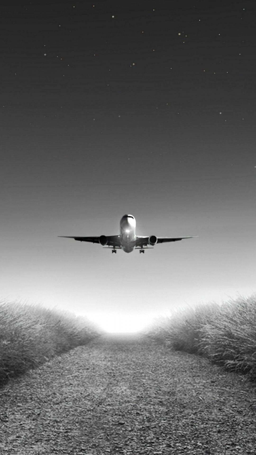 Verkehrsflugzeug, Landeanflug, Schwarz-Weiß, Feldweg, Symmetrie, Full HD, Handy-Hintergrundbild
