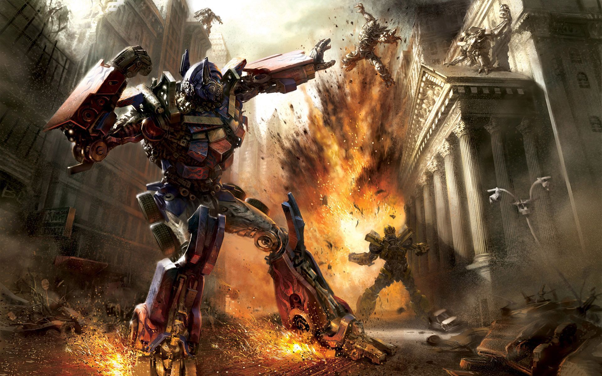 Optimus Prime, Transformers, Explosion, Kampf, Stadt, Full HD, Desktop-Hintergrund für Windows