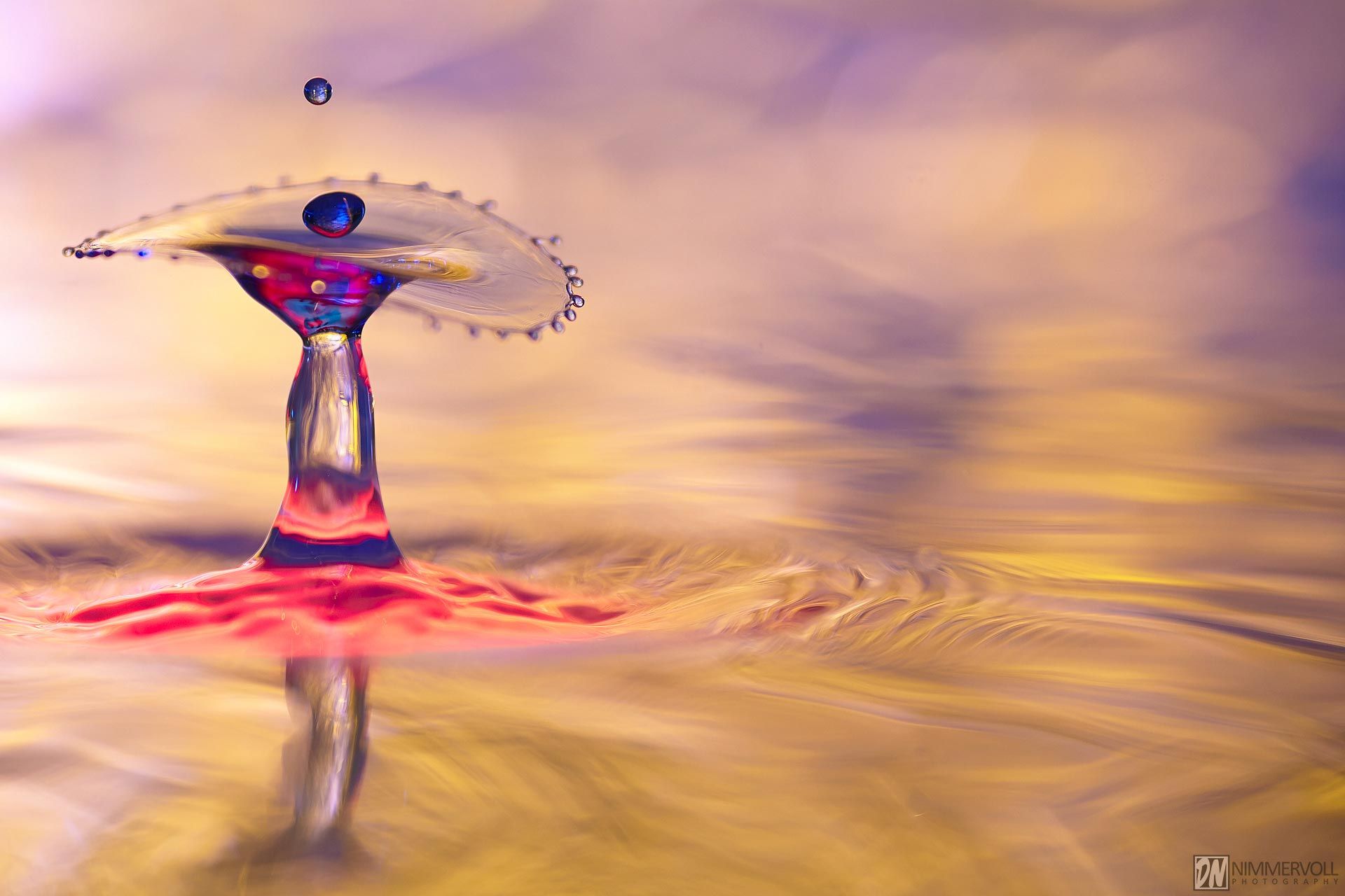 Tropfenkollision, Makrofotografie, Gelb, Rot, Wassersäule, Full HD, Desktop-Hintergrund