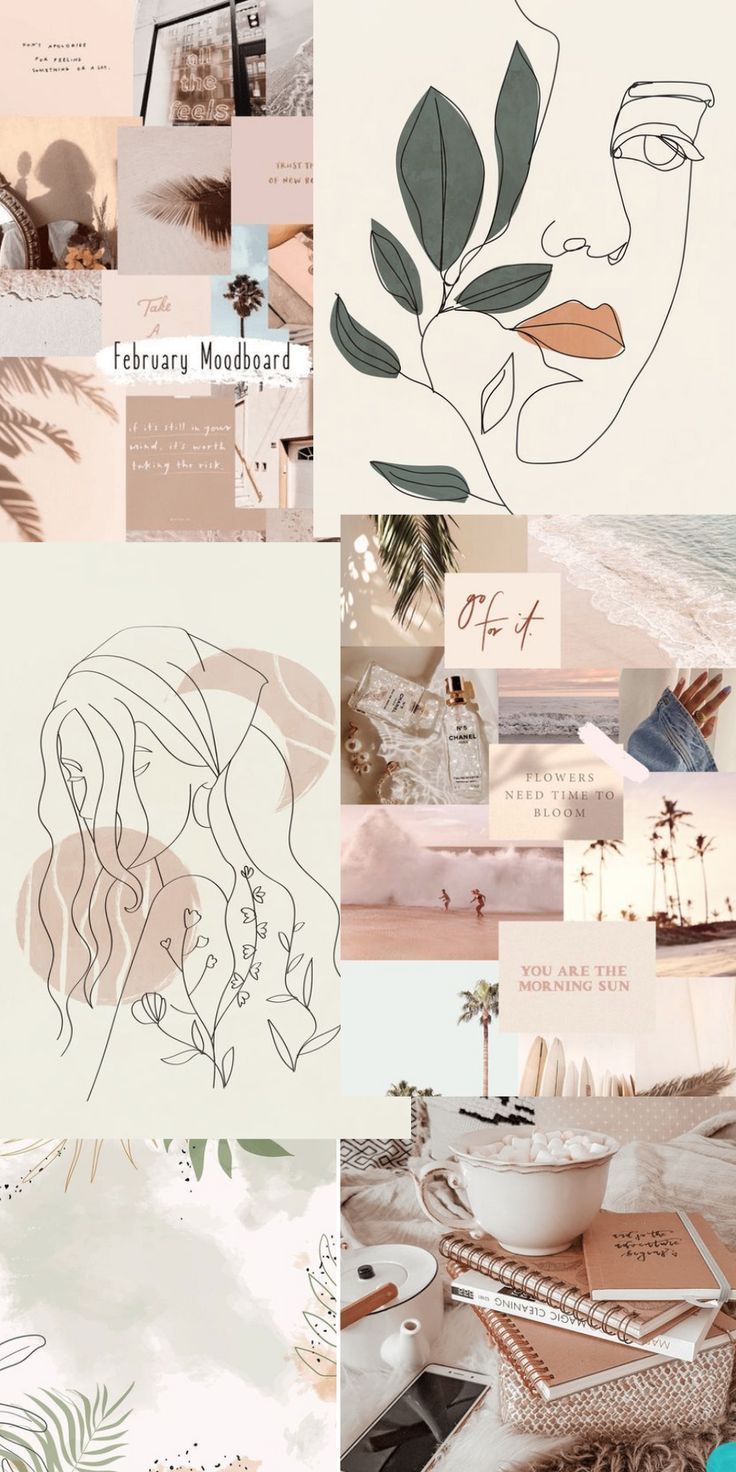 Beige Aesthetic, Collage, Line Art, Blätter, Neutraltöne, HD, iPhone-Hintergrundbild
