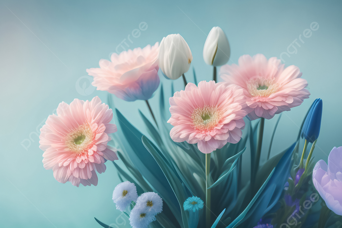 Gerbera, Tulpen, Rosa Blüten, Blumenstrauß, Türkis, Hintergrundbild
