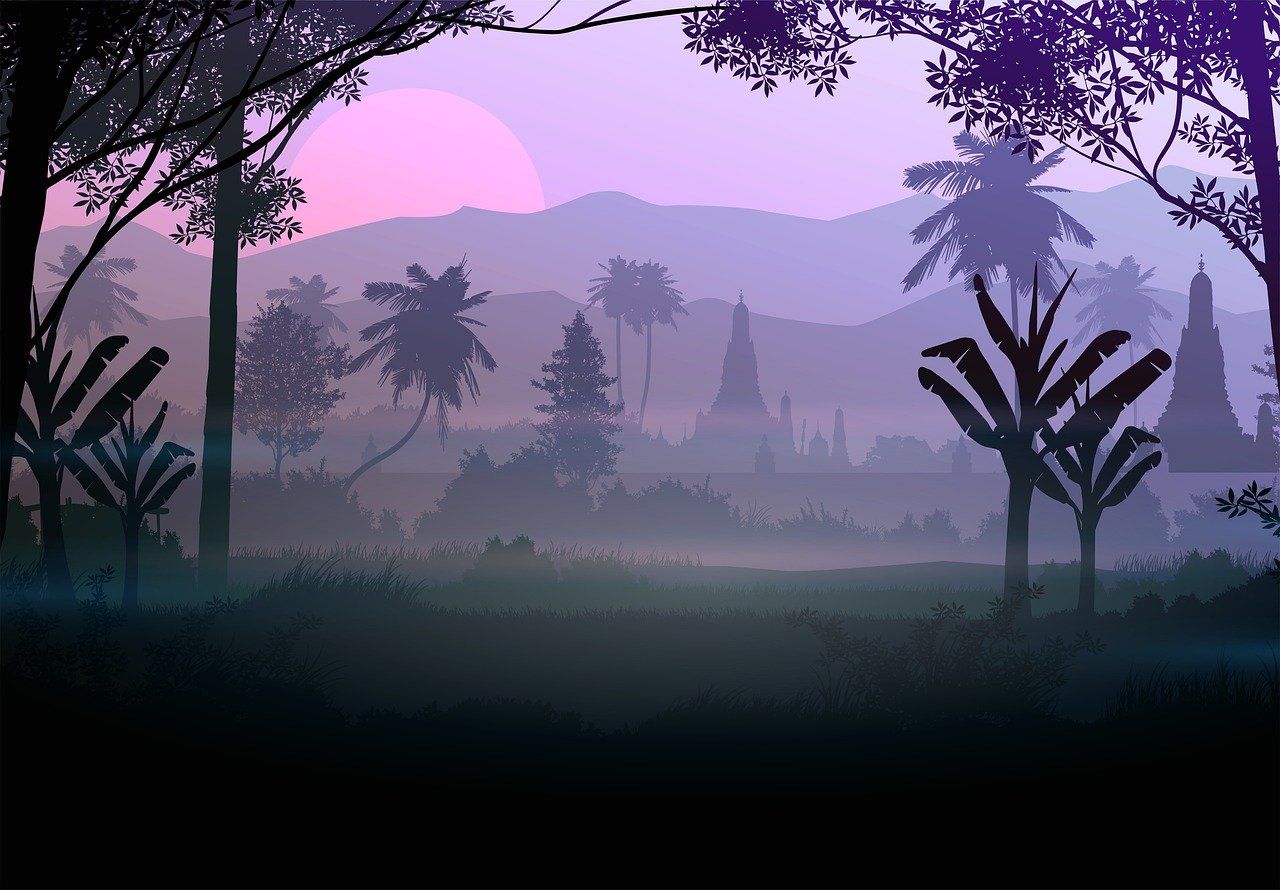 Tempel, Palmen, Silhouette, Lila, Dschungel, Nebel, HD, Hintergrund für den Desktop