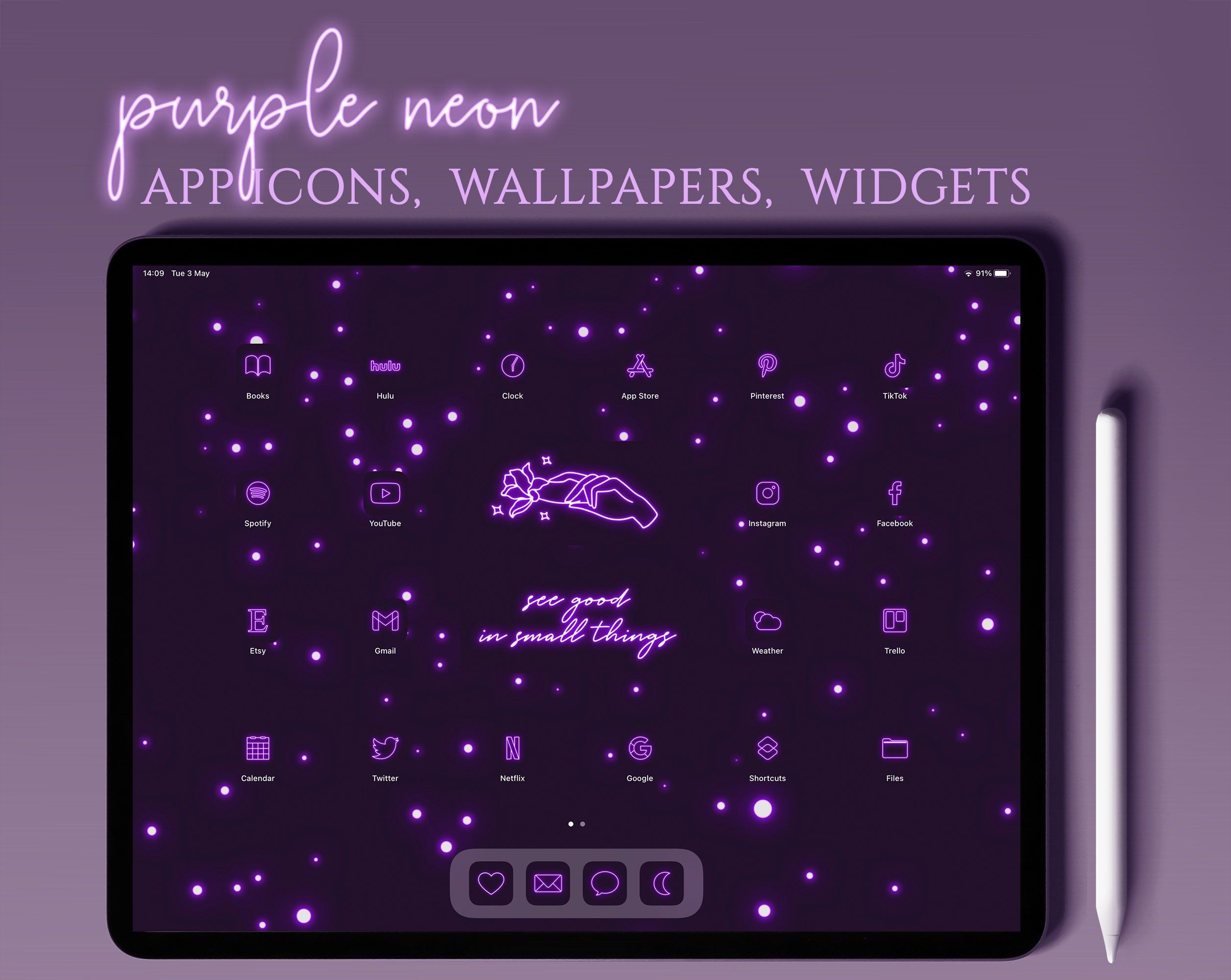 Purple Neon, iPad, App-Icons, Widgets, Lila, Mockup, Full HD, Desktop-Hintergrund für Windows