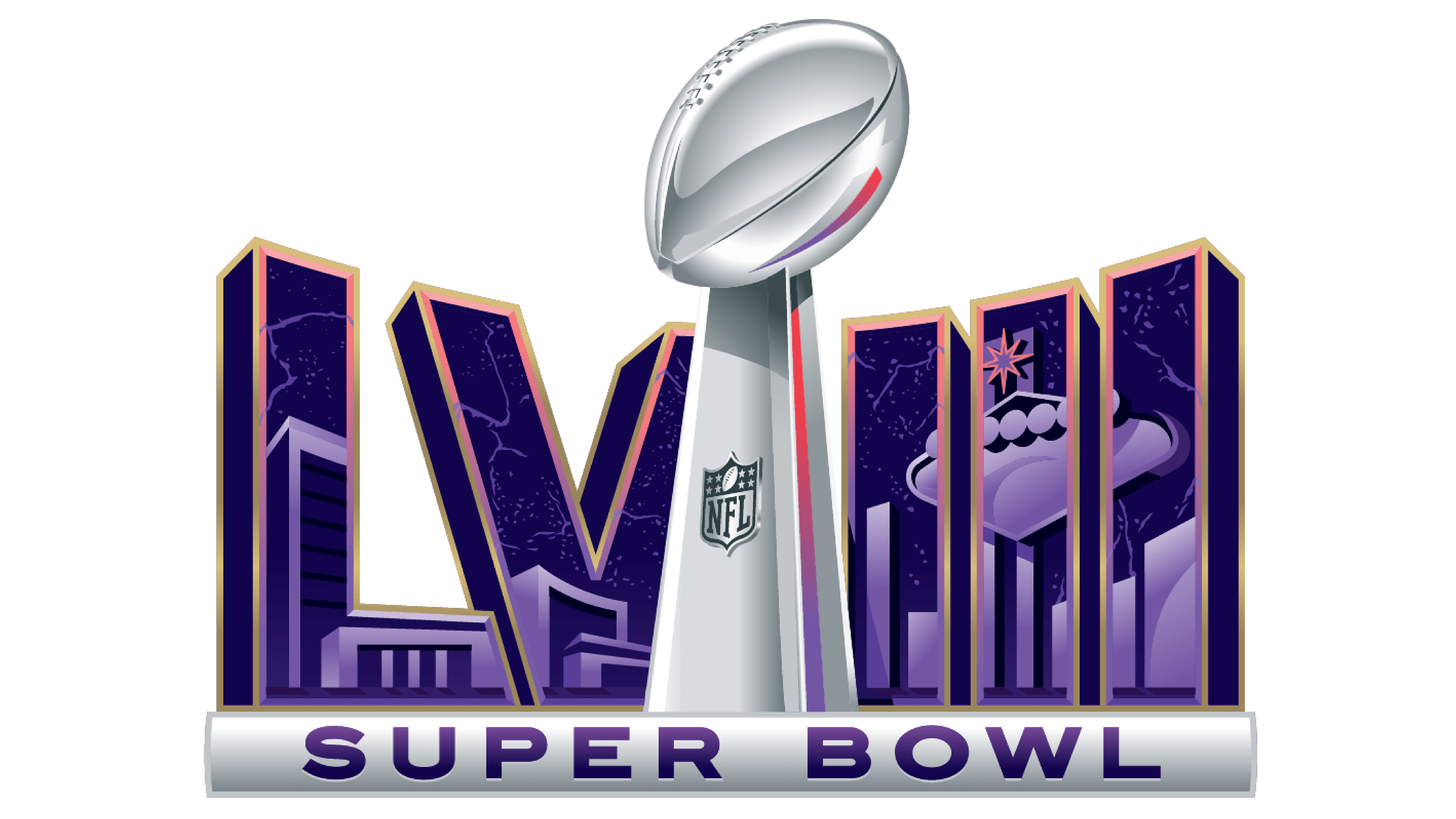 Super Bowl LVIII, Logo, Vince Lombardi Trophy, Schwarzer Hintergrund, Lila, 4K Wallpaper