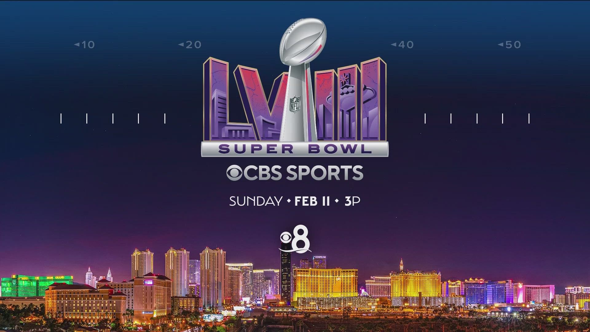 Super Bowl LVIII, CBS Sports, Las Vegas, Skyline, Nacht, Full HD, Desktop-Hintergrund