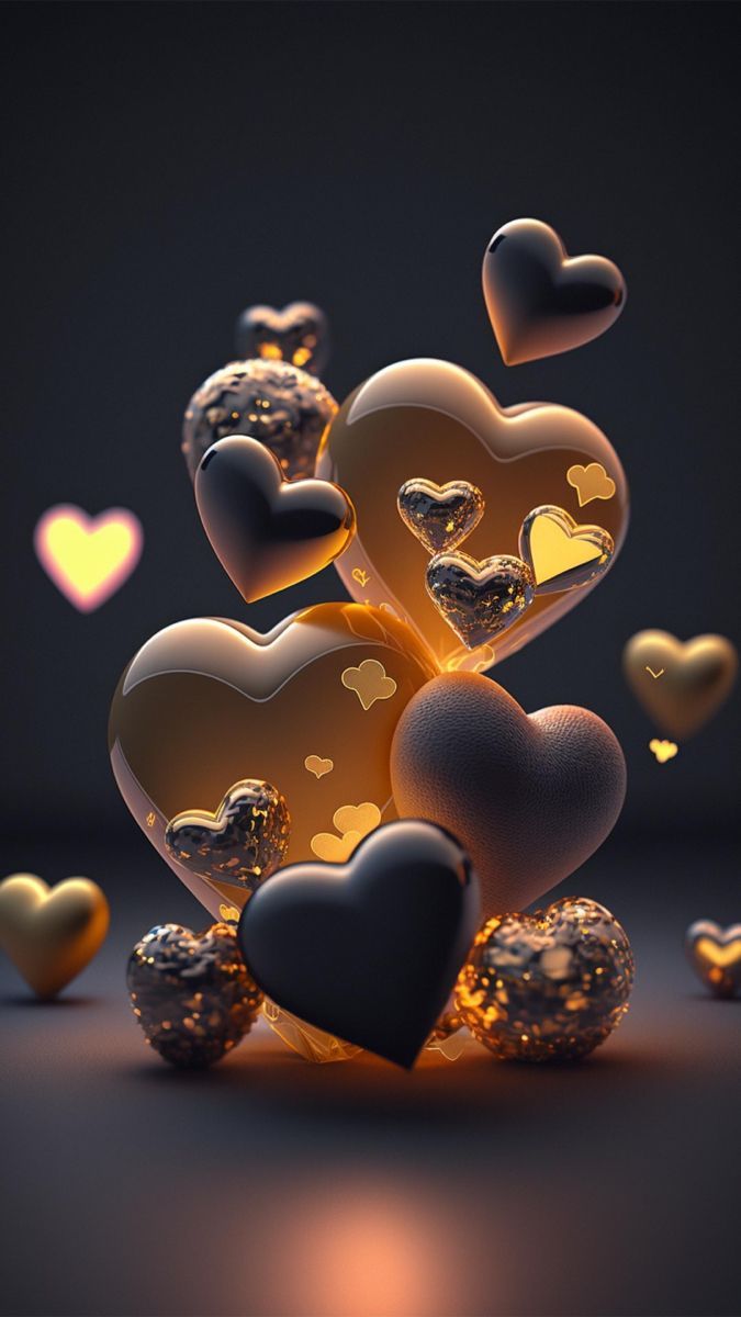 Goldene Herzen, Schwarze Herzen, 3D-Grafik, Dunkler Hintergrund, Glanz, Sperrbildschirm fürs iPhone