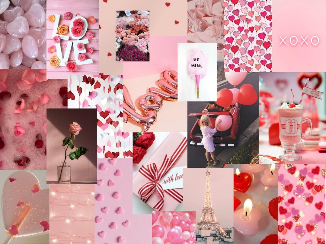 Collage, Rosa Ästhetik, Herzen, Rosen, Romantik, Hintergrundbild für iPad und Tablet