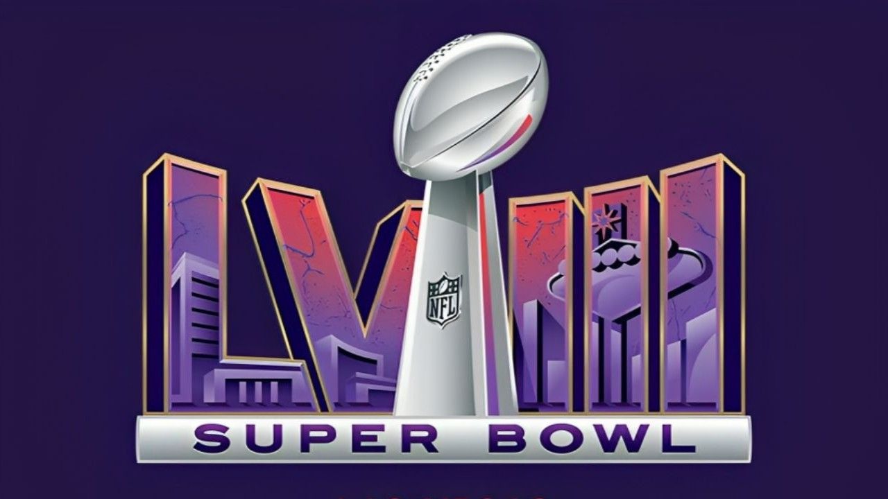 Super Bowl LVIII, Logo, Lila Hintergrund, Vince Lombardi Trophy, HD Wallpaper