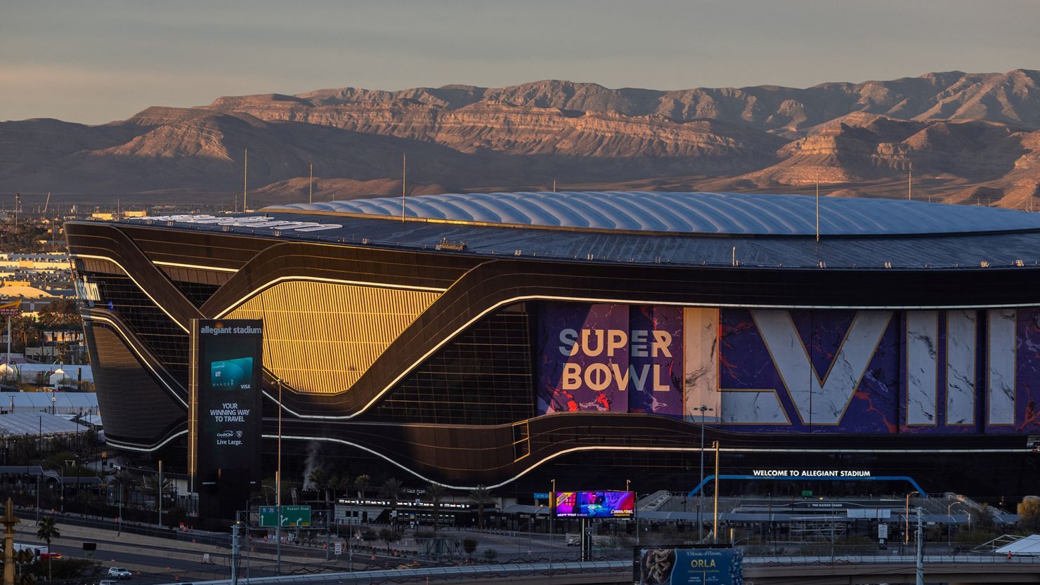 Allegiant Stadium, Las Vegas, Super Bowl LVIII, Berge, Dämmerung, HD, Breitbild-Hintergrundbild