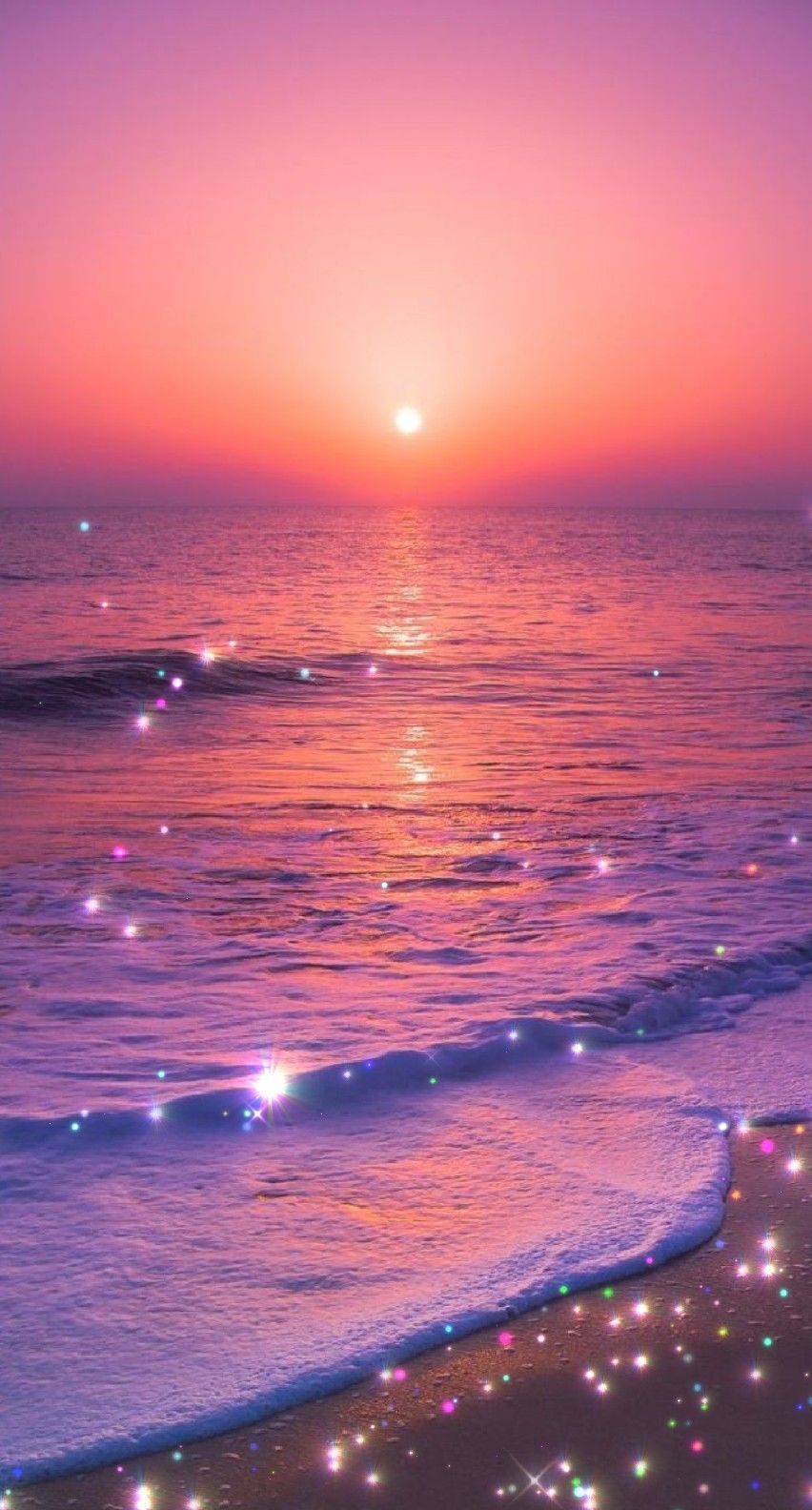 Sonnenuntergang, Meer, Glitzerwellen, Pinker Himmel, Strand, Hintergrundbild fürs Handy