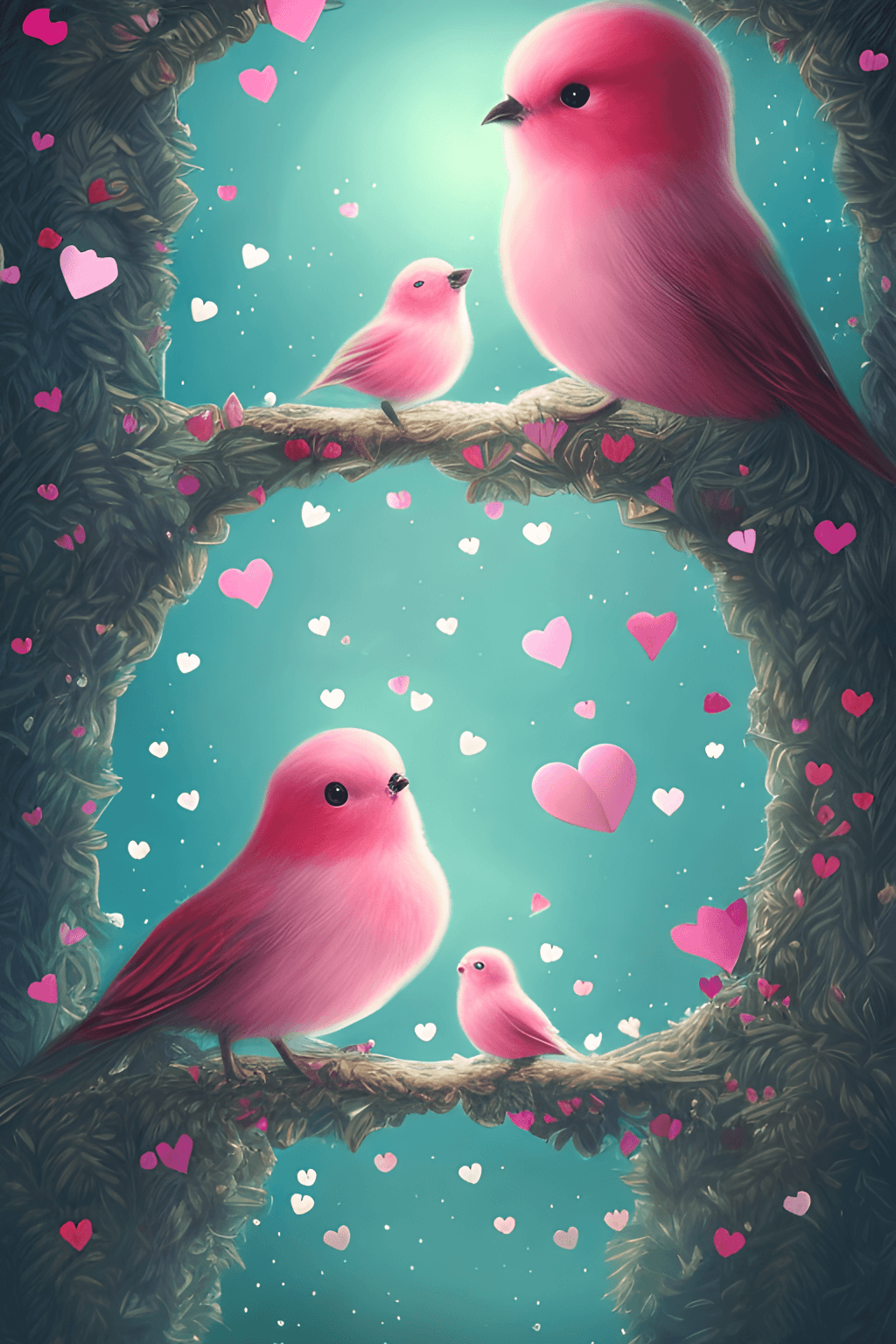 Vögel, Rosa Vögel, Herzen, Märchenhaft, Türkis, Digitale Kunst, Hintergrundbild fürs Handy