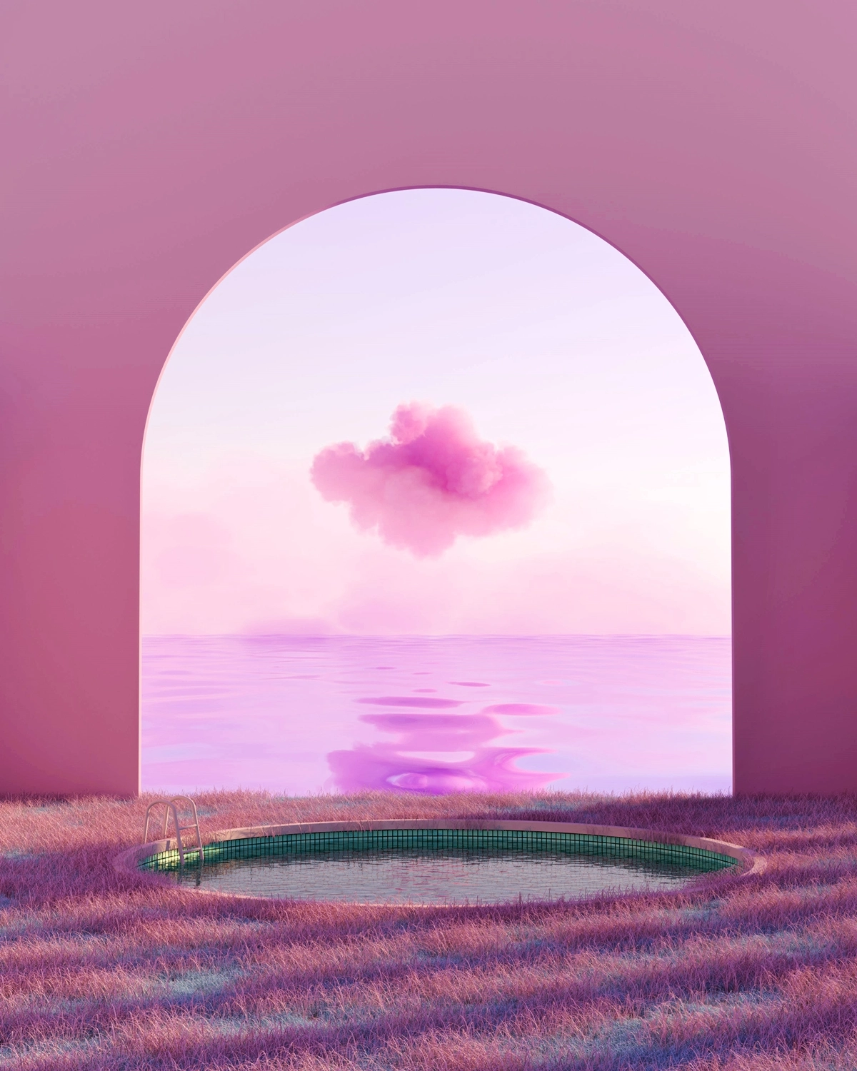 Torbogen, Rosa Wolke, Meer, Surreal, 3D, Pastell, Full HD, iPad-Hintergrundbild