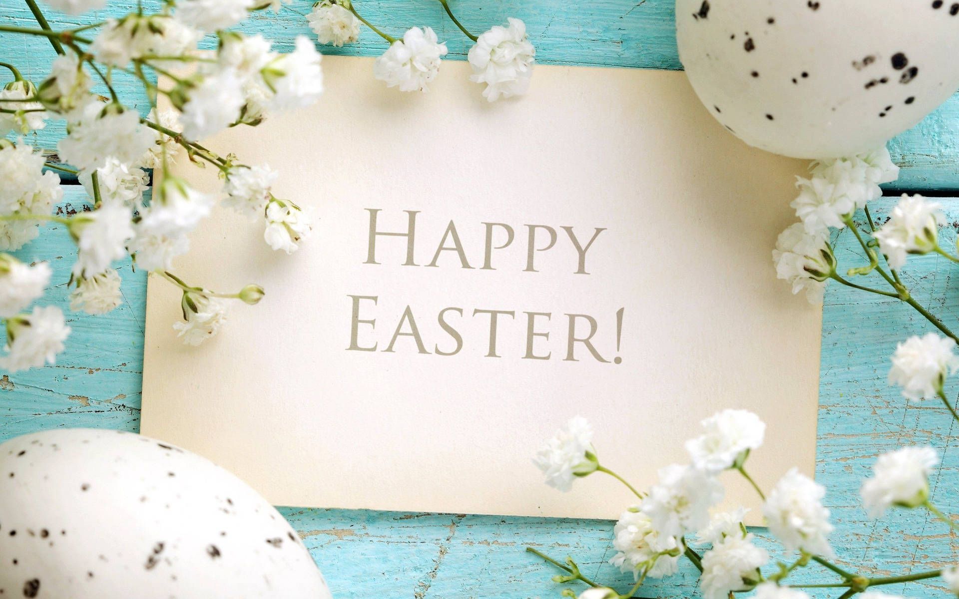 Happy Easter, Grußkarte, Weiße Blüten, Türkis, Holz, 16:10, Full-HD-Hintergrundbild für den Desktop