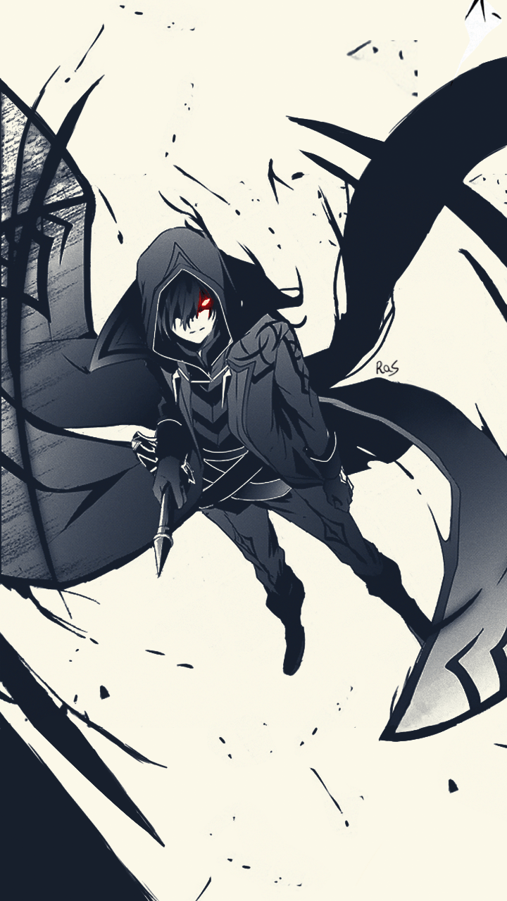 Shadow, The Eminence in Shadow, Umhang, Schwarz-Weiß, Manga-Stil, Hintergrundbild fürs Handy