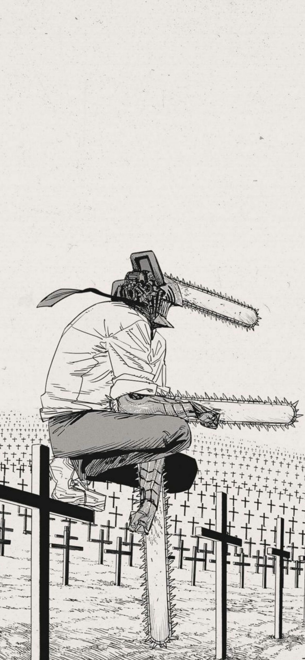 Chainsaw Man, Denji, Kettensäge, Gräberfeld, Manga-Panel, Minimalistisch, Full HD, Handy-Hintergrundbild