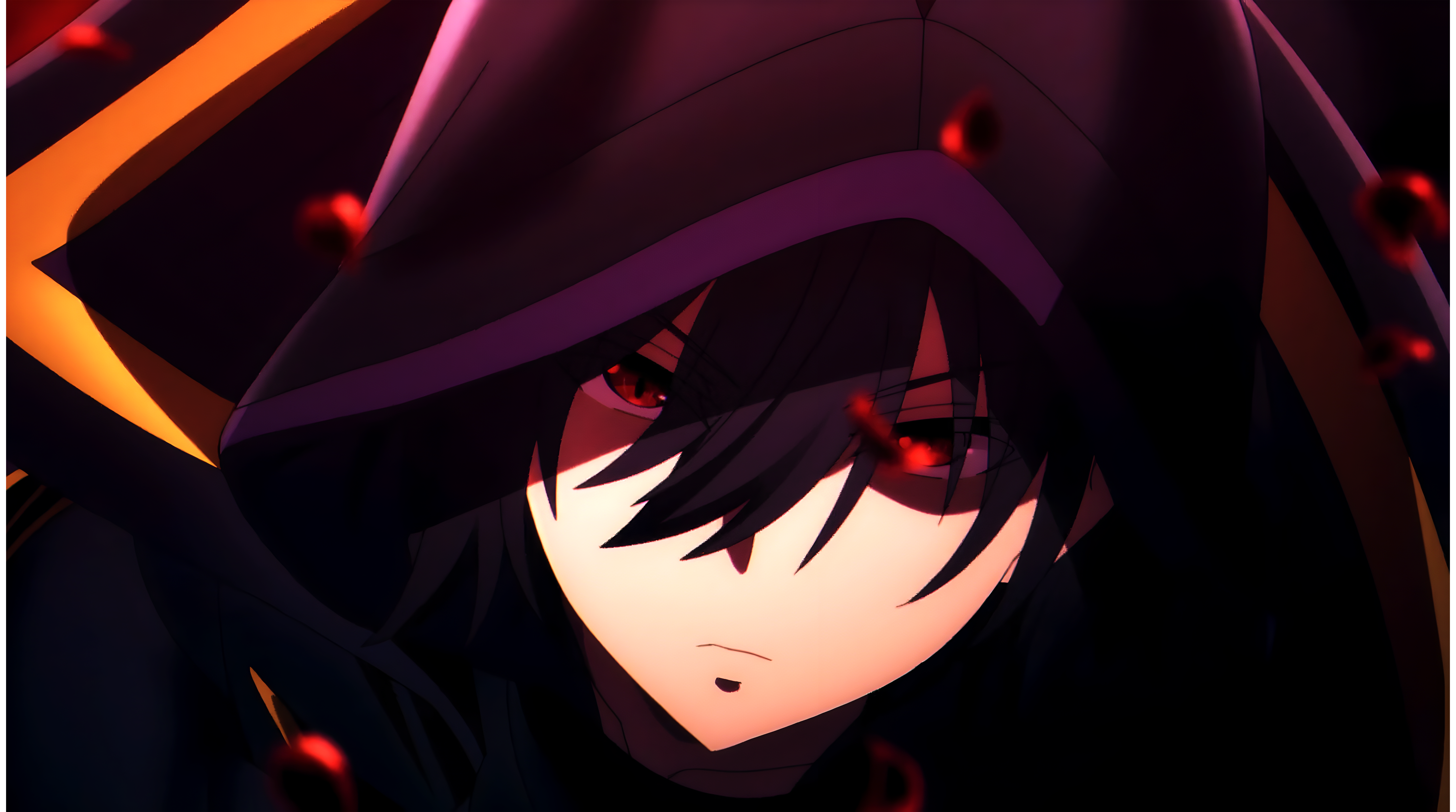 Shadow, Cid Kagenou, Kapuze, Rote Augen, Nahaufnahme, 8K, Hintergrundbild für den PC