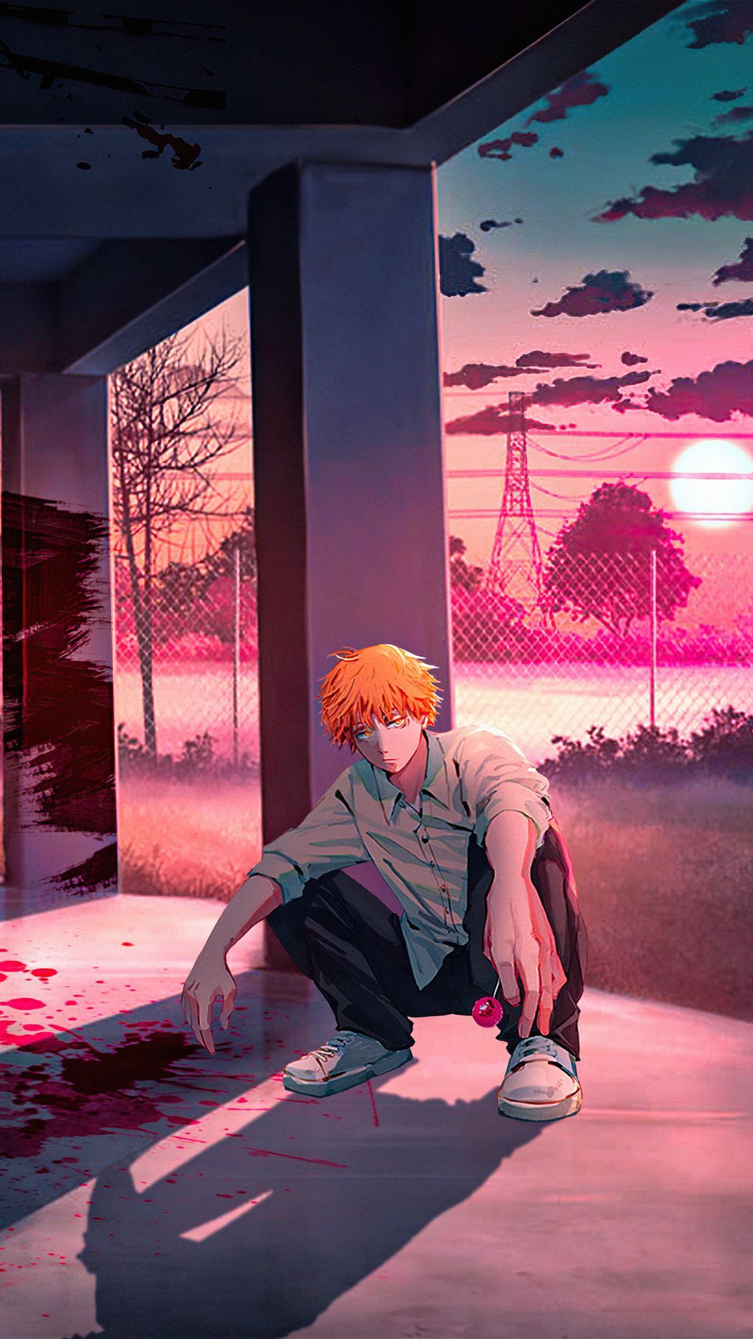 Denji, Chainsaw Man, Anime, Abendhimmel, Pinktöne, Full HD, Handy-Hintergrund im Hochformat