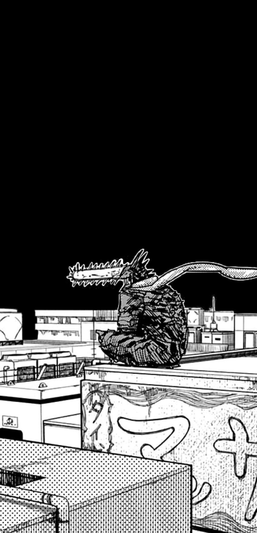 Chainsaw Man, Manga-Panel, Stadt, Schwarz-Weiß, Hochformat, Hintergrundbild fürs Handy