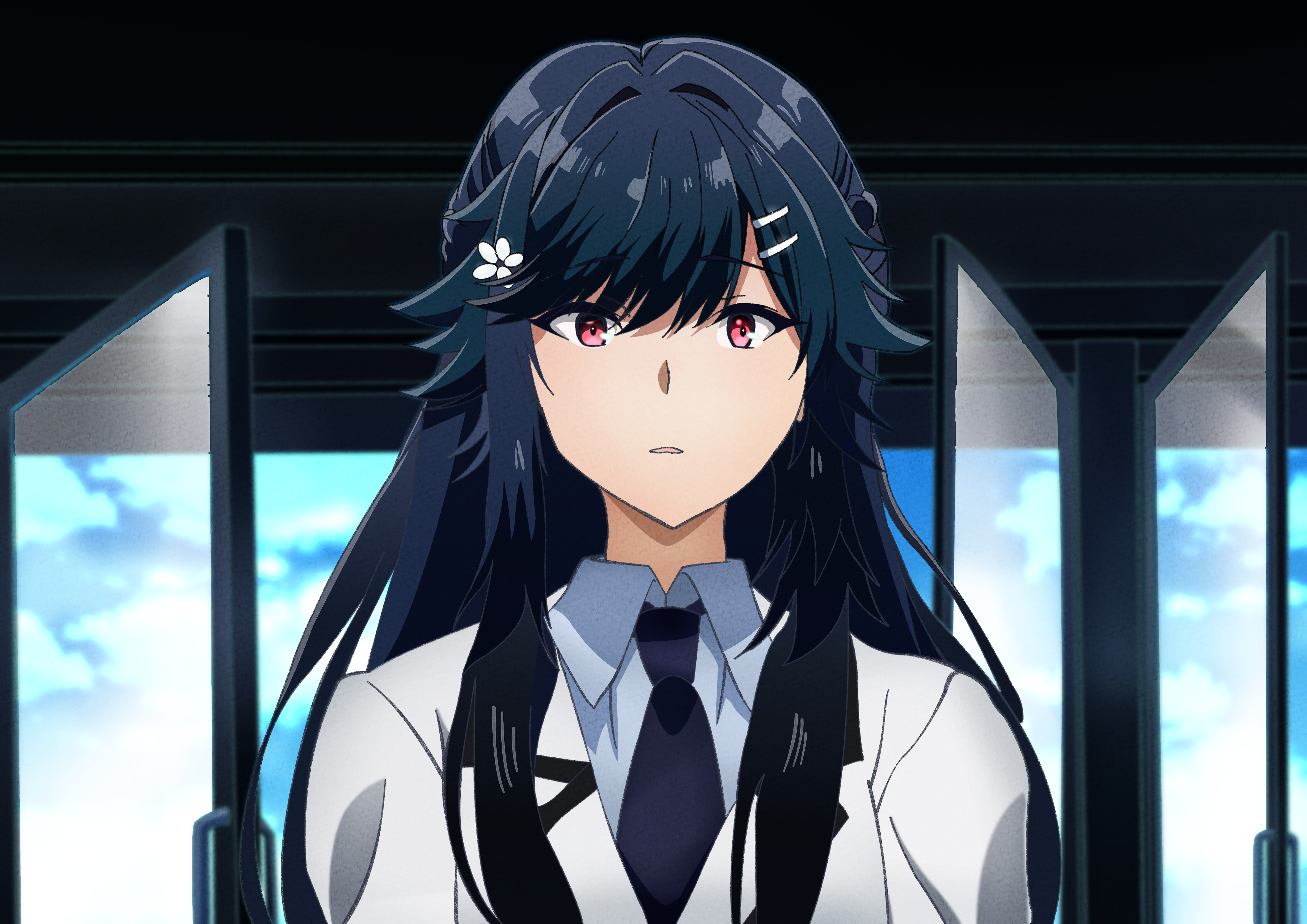 The Eminence in Shadow, Anime-Mädchen, Schwarze Haare, Schuluniform, Fenster, 4K-Desktop-Hintergrund