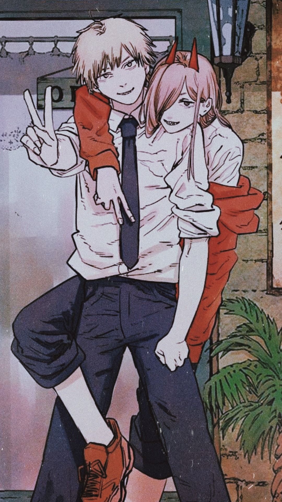 Denji, Power, Chainsaw Man, Manga-Farbillustration, Peace-Zeichen, Android-Hintergrundbild