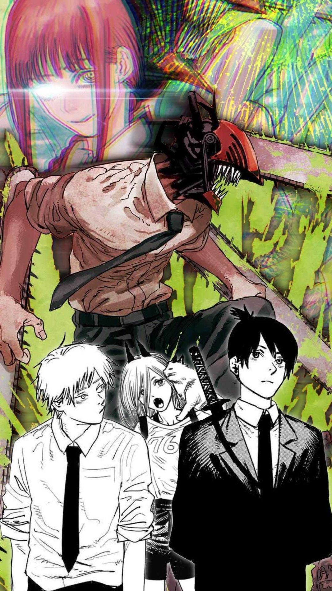 Chainsaw Man, Denji, Power, Aki Hayakawa, Collage, Manga, Full HD, iPhone-Hintergrundbild