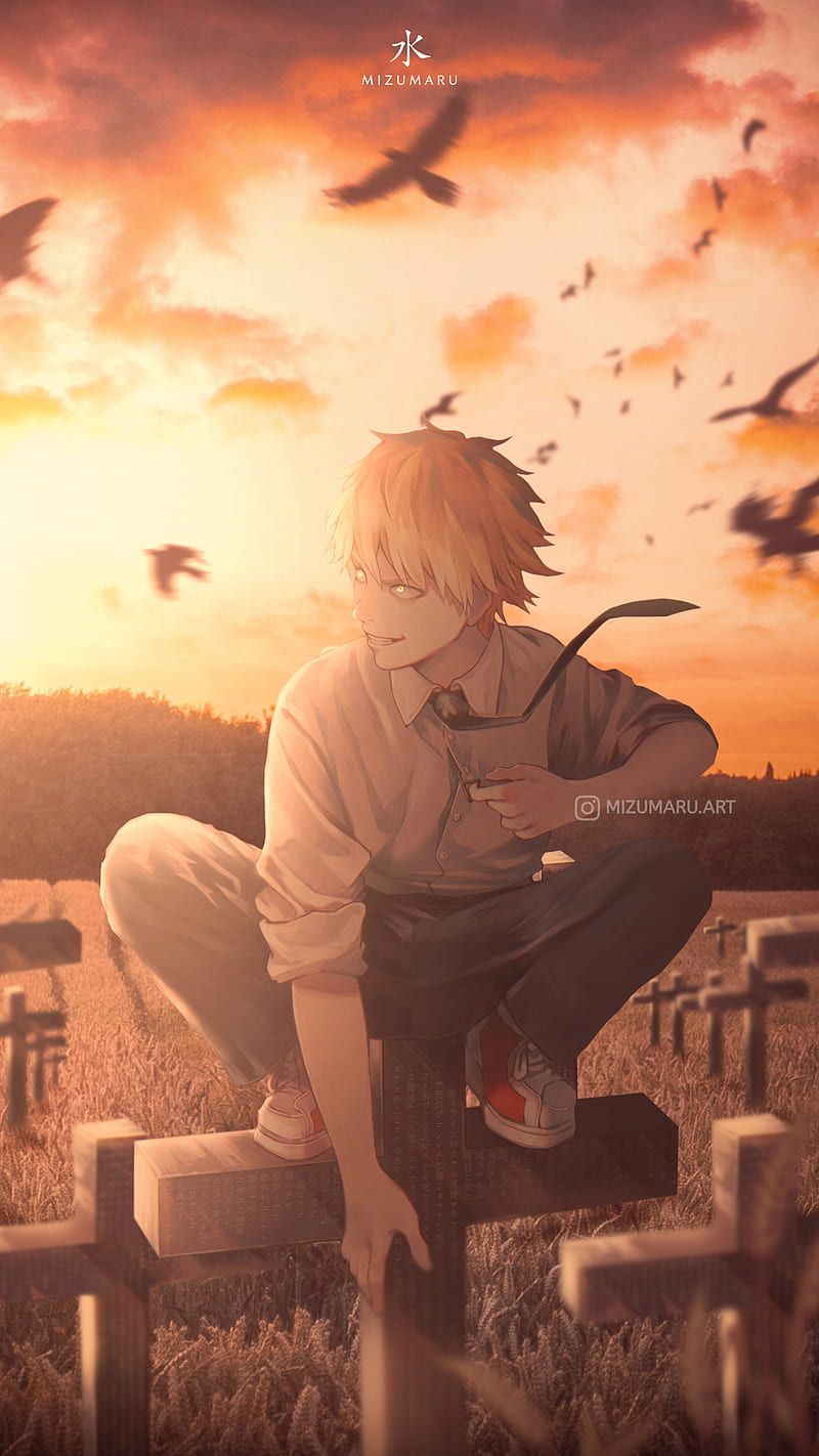 Chainsaw Man, Denji, Sonnenuntergang, Vögel, Orangetöne, HD, iPhone-Hintergrundbild
