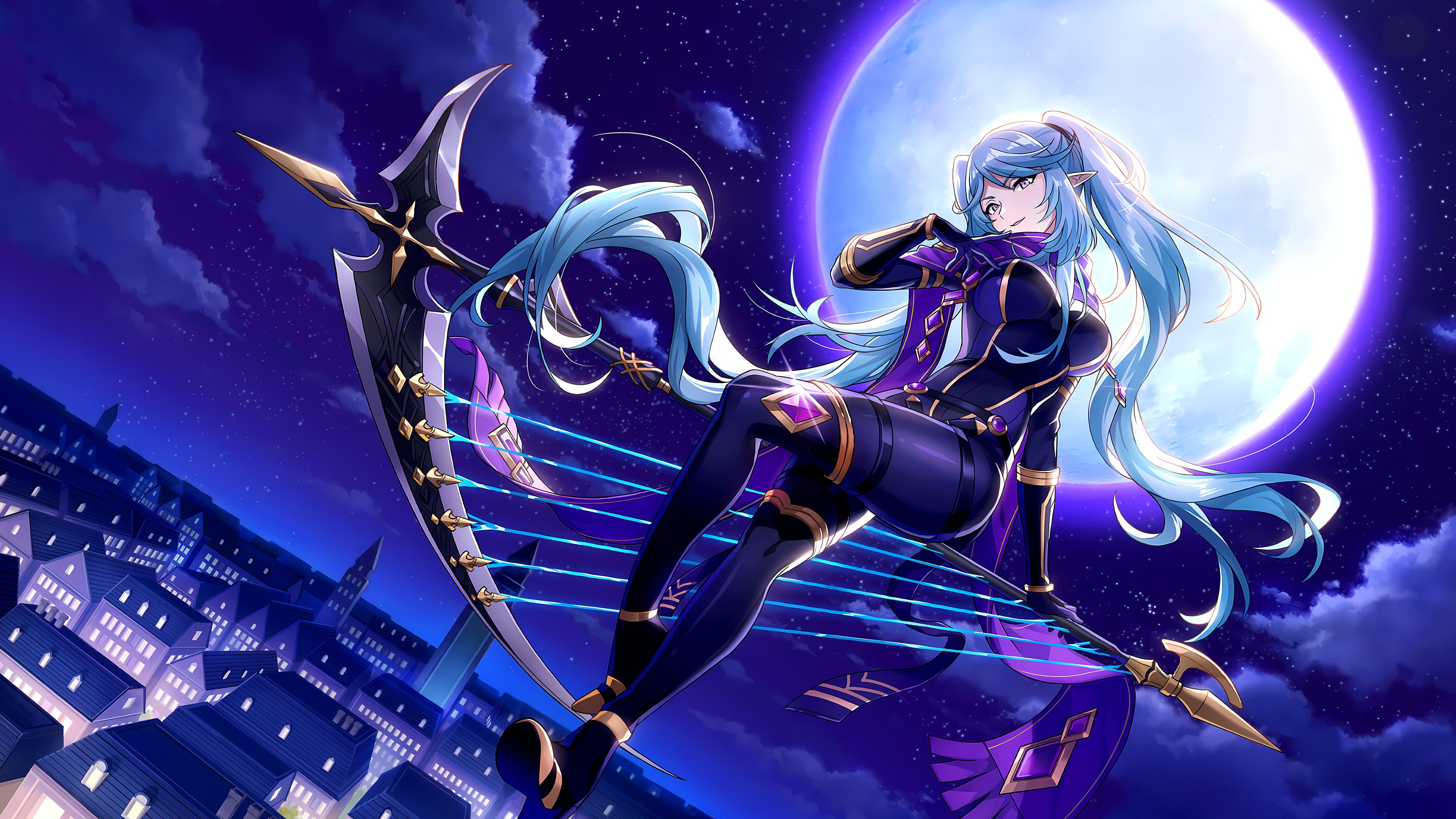The Eminence in Shadow, Shadow Garden, Sense, Vollmond, Nacht, Blaue Haare, 3840x2160, Desktop-Hintergrund