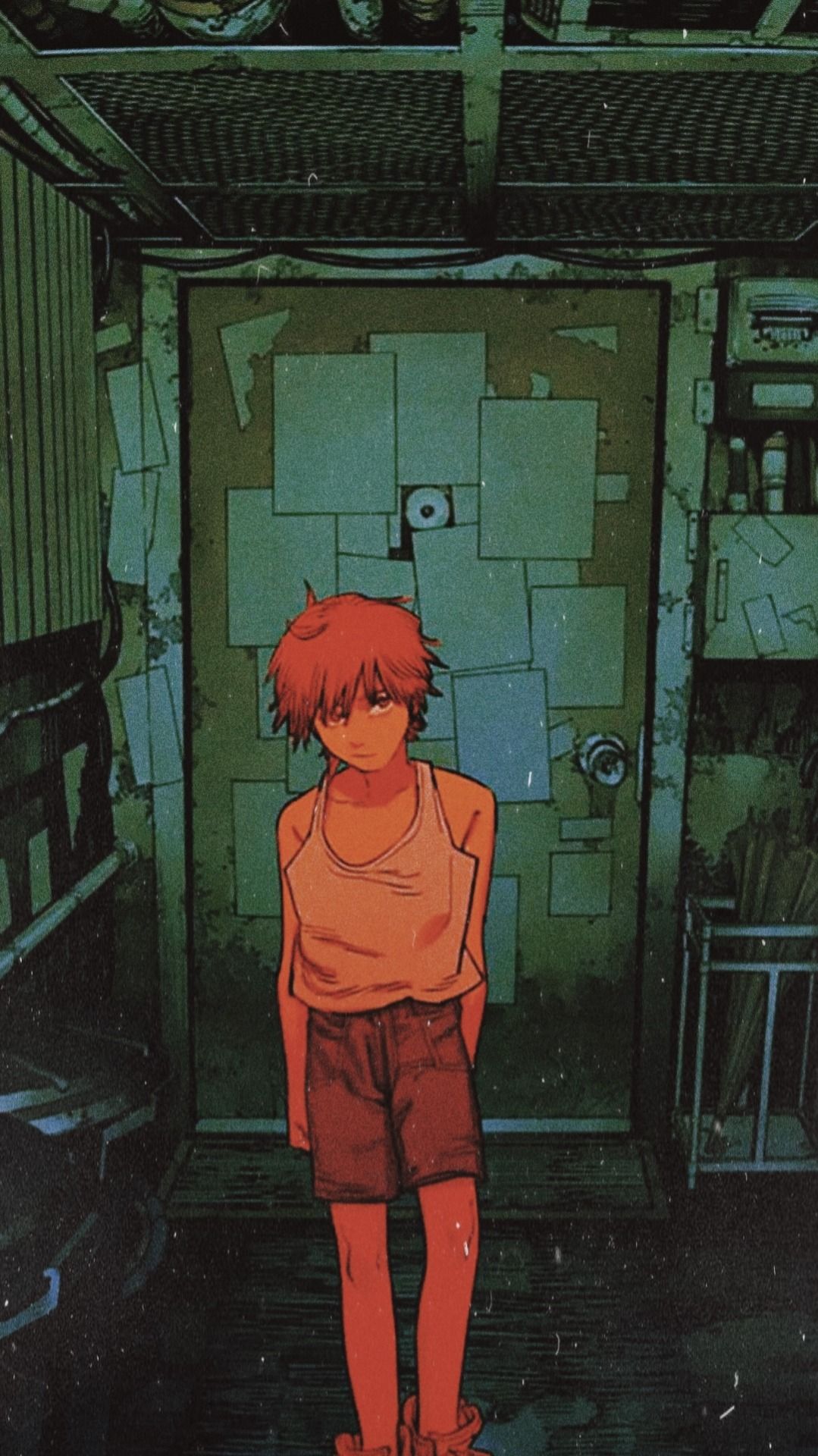 Nayuta, Chainsaw Man, Tür, Dunkler Flur, Grüntöne, Hintergrundbild für iPhone und Android