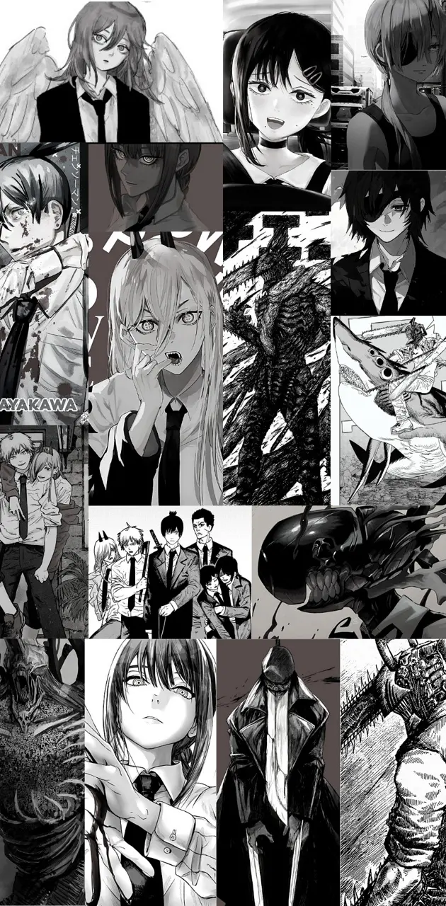 Chainsaw Man, Manga-Panels, Collage, Schwarz-Weiß, Hochformat, Hintergrundbild fürs Handy