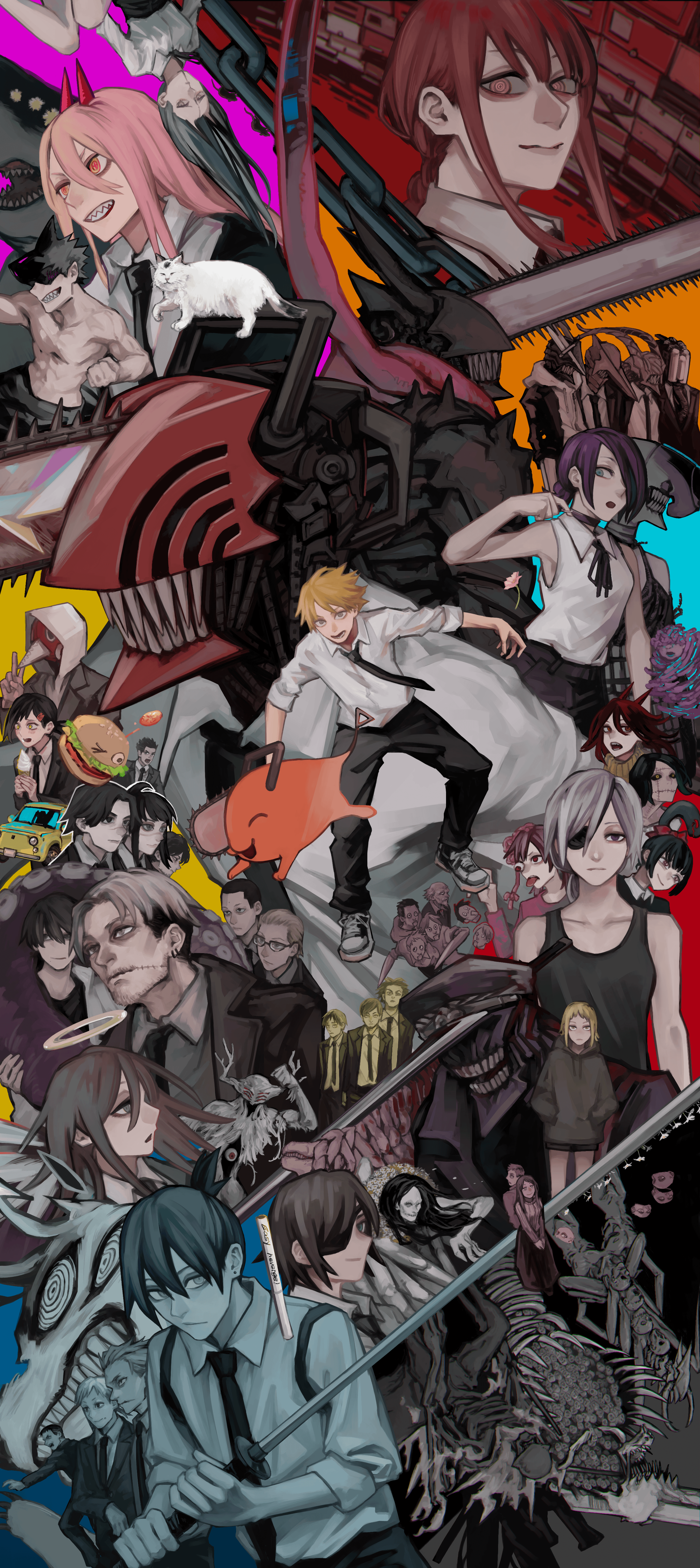 Chainsaw Man, Charaktere, Collage, Anime, Bunt, QHD+, Sperrbildschirm fürs iPhone