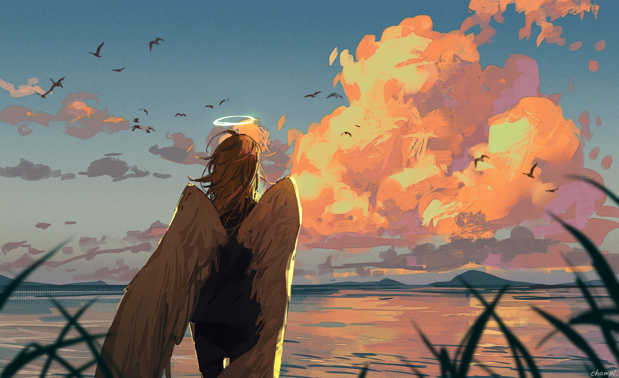 Engel-Teufel, Chainsaw Man, Flügel, Heiligenschein, Sonnenuntergang, Meer, Full HD, Laptop-Hintergrundbild