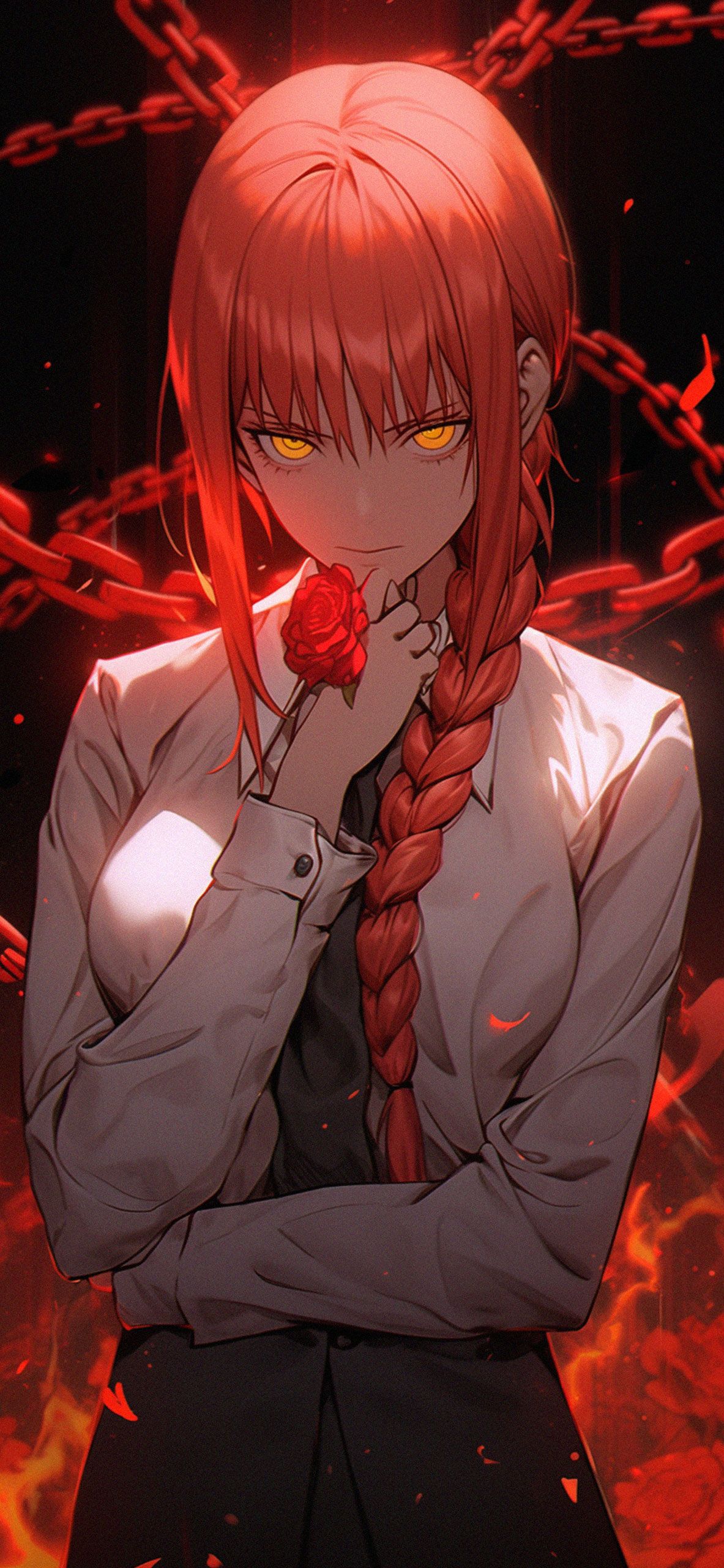 Makima, Chainsaw Man, Gelbe Augen, Rote Aura, Zopf, Full HD, Sperrbildschirm fürs iPhone