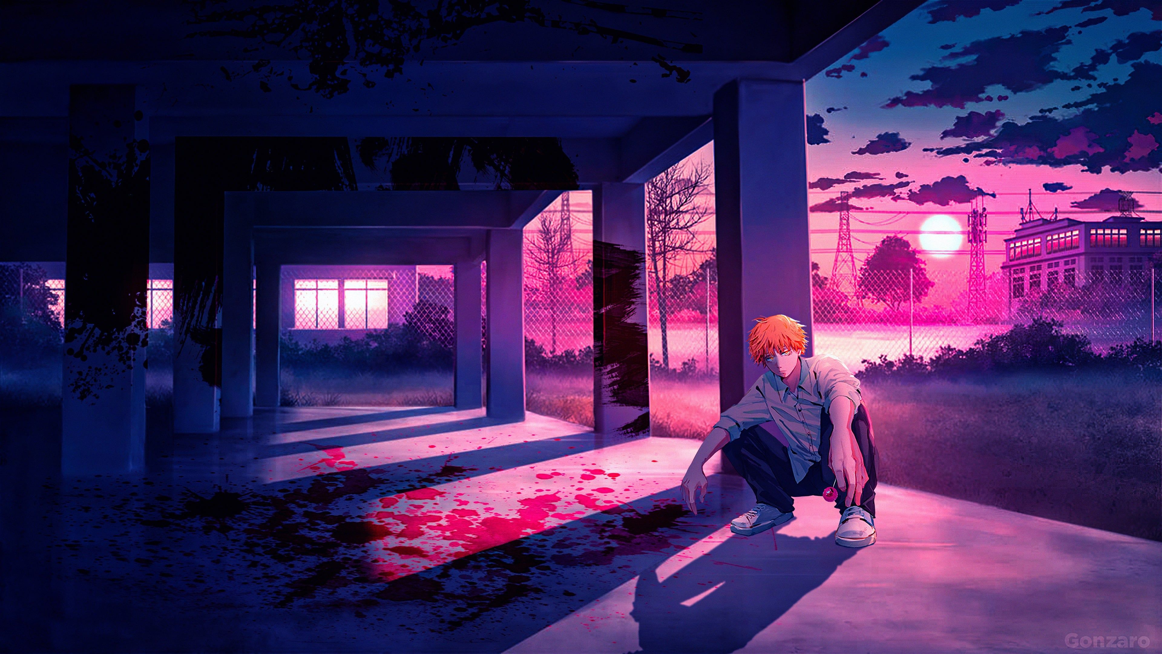 Denji, Chainsaw Man, Anime, Sonnenuntergang, Lila Töne, 4K, Desktop-Hintergrund für Windows