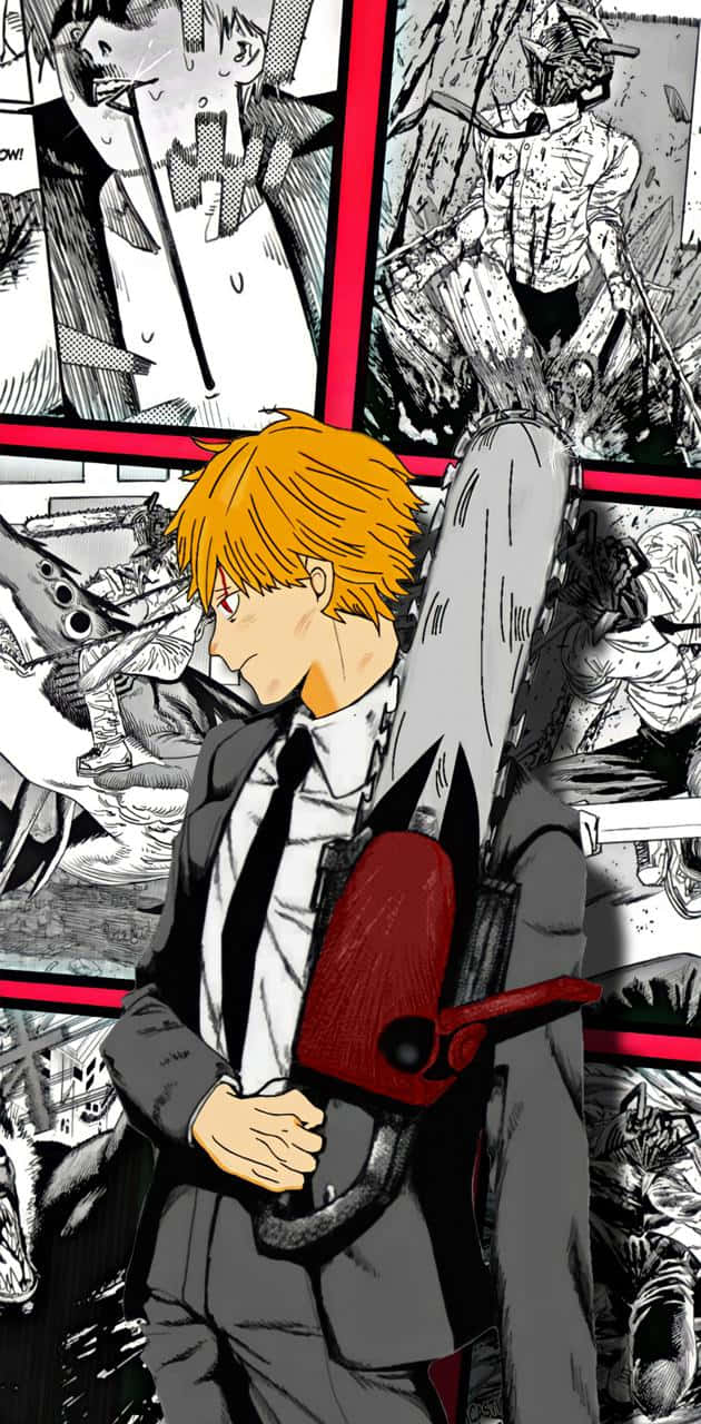 Denji, Chainsaw Man, Manga-Collage, Anzug, Schwarz-Weiß, Android-Hintergrundbild