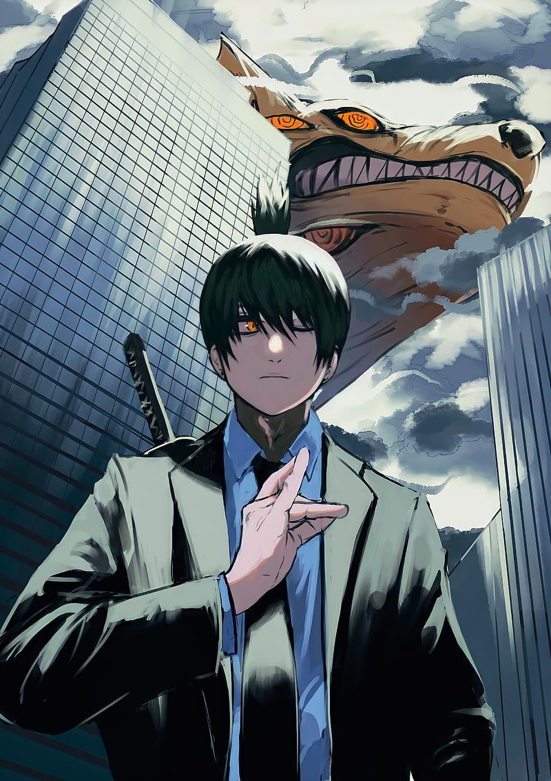Aki Hayakawa, Chainsaw Man, Fuchsteufel, Wolkenkratzer, Anzug, HD, Tablet-Hintergrund