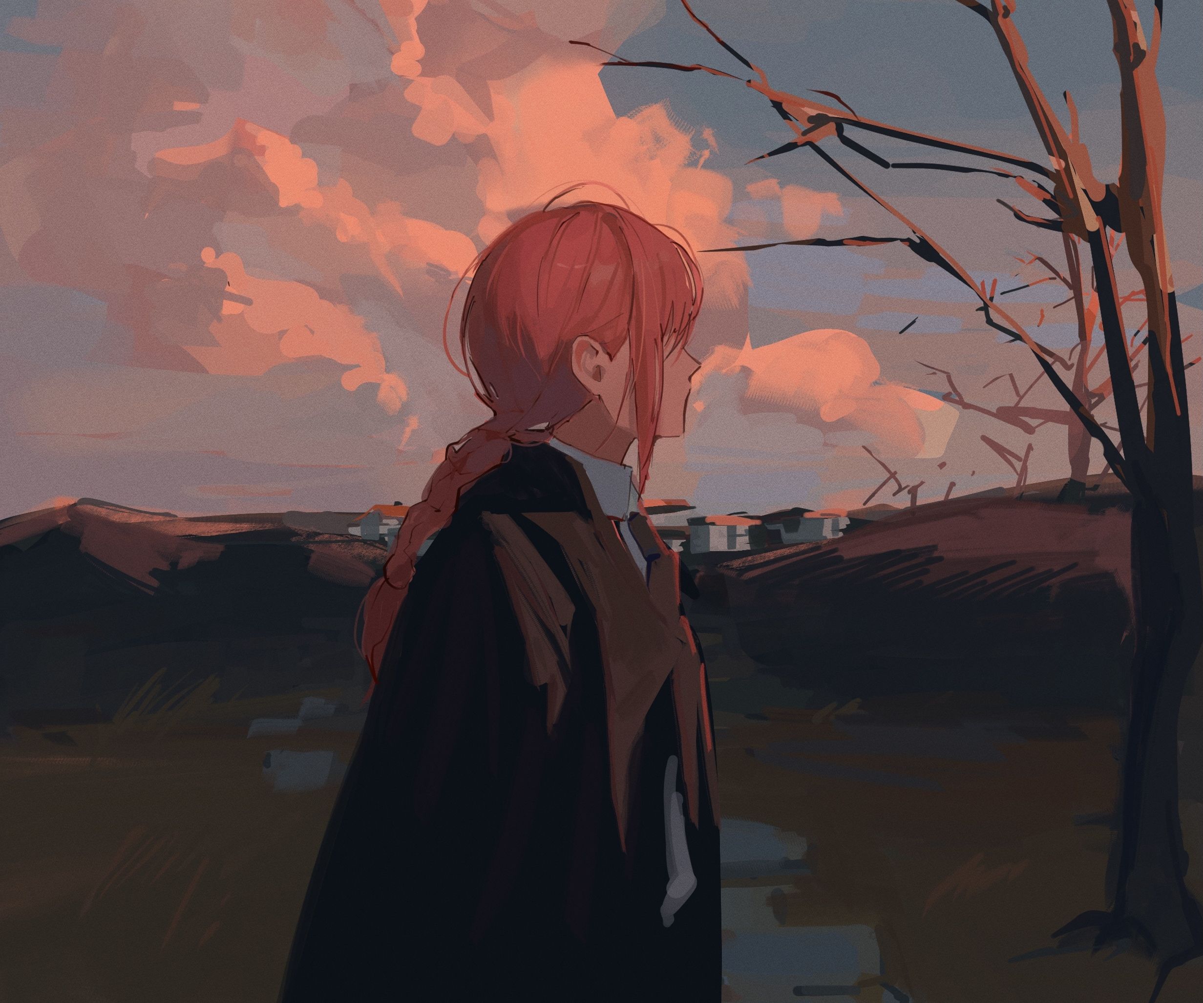 Makima, Chainsaw Man, Abendhimmel, Gemalt, Kahle Bäume, Full HD, Desktop-Hintergrund für Windows
