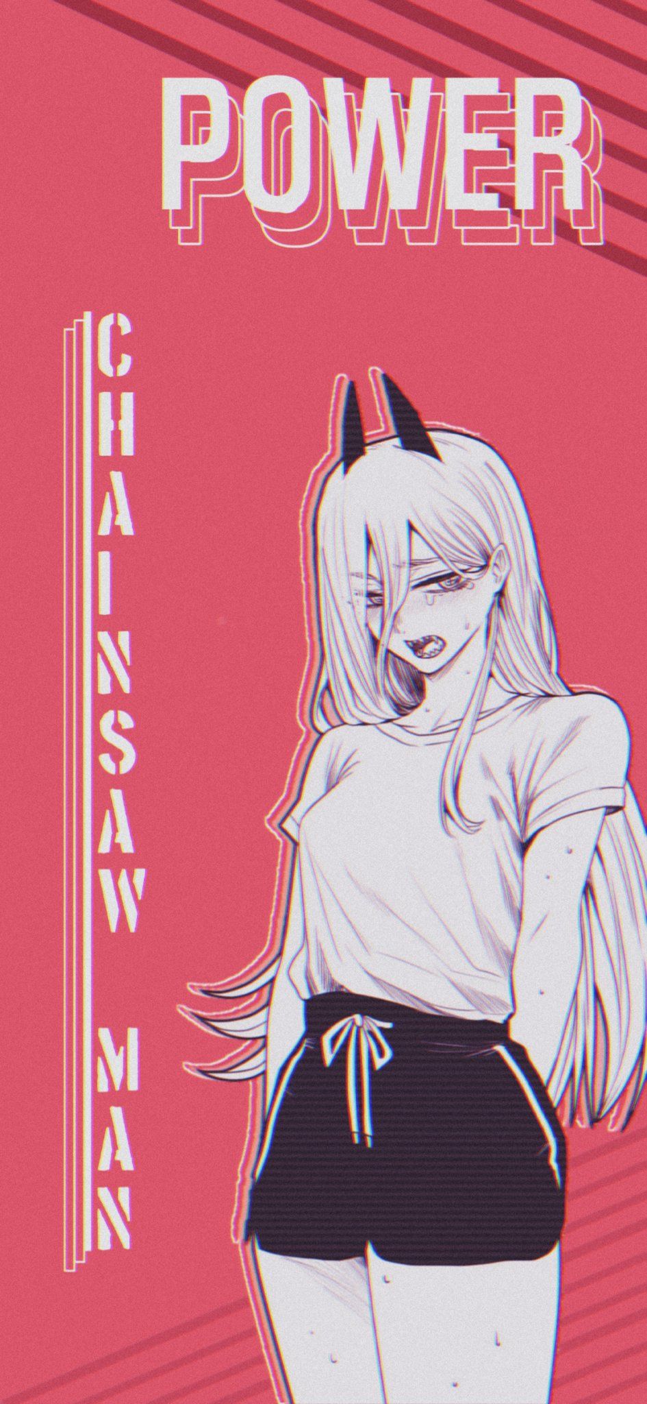 Power, Chainsaw Man, Hörner, Rosa Hintergrund, Schriftzug, Sperrbildschirm fürs iPhone