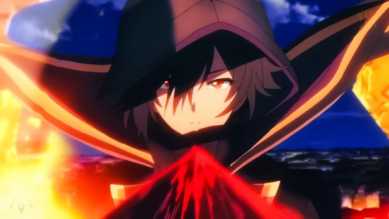 Shadow, Cid Kagenou, Kapuze, Feuer, Rot-Orange, 16:9, HD-Hintergrundbild für den Desktop