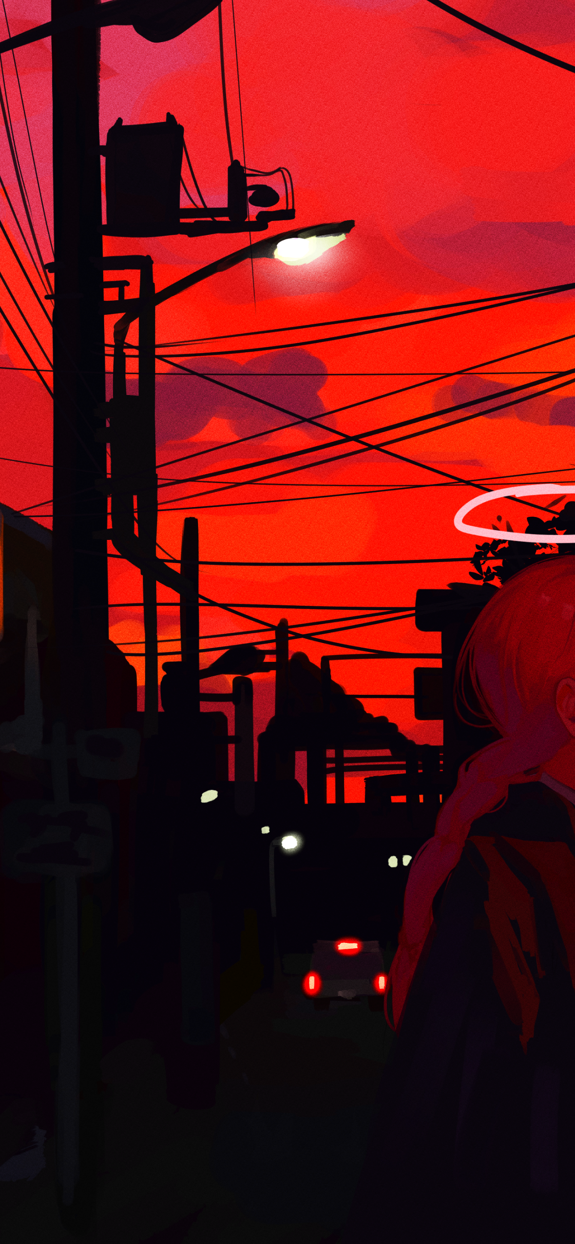 Chainsaw Man, Engel-Teufel, Roter Himmel, Silhouette, Stromleitungen, Hintergrundbild fürs Handy