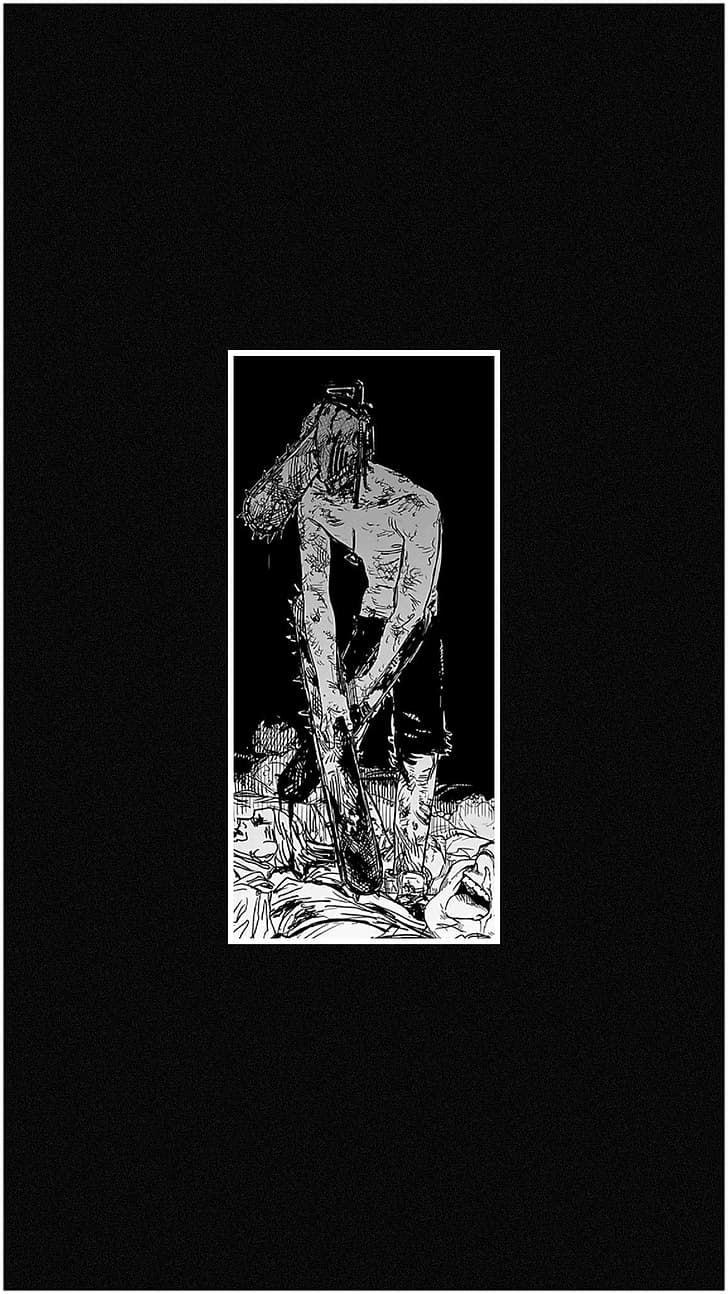 Chainsaw Man, Manga-Panel, Schwarzer Hintergrund, Minimalistisch, Schwarz-Weiß, Sperrbildschirm