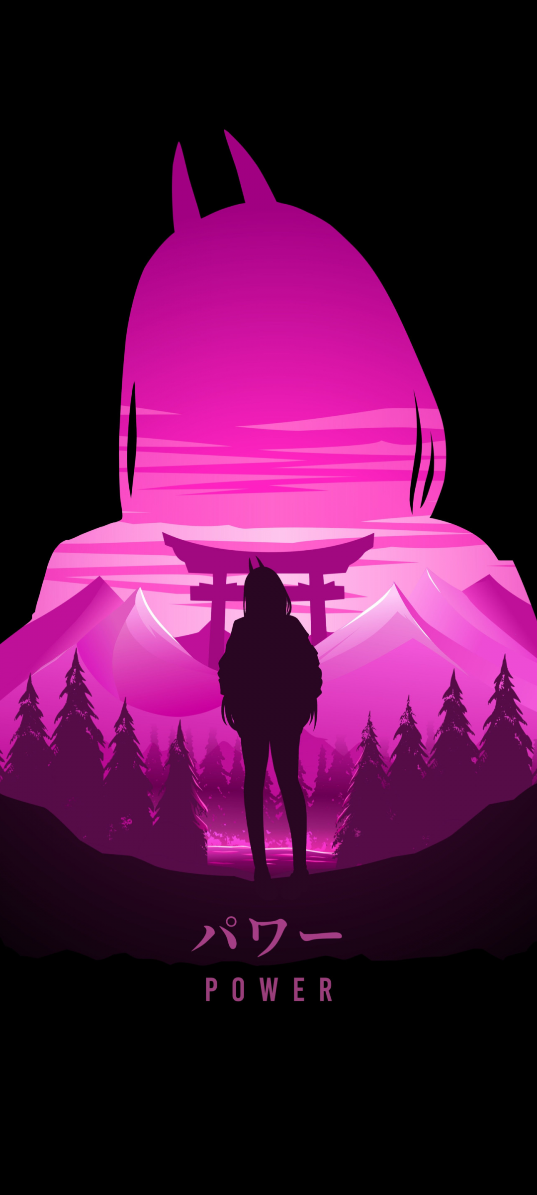Power, Chainsaw Man, Silhouette, Torii, Pinktöne, Doppelbelichtung, Full HD, Handy-Hintergrund