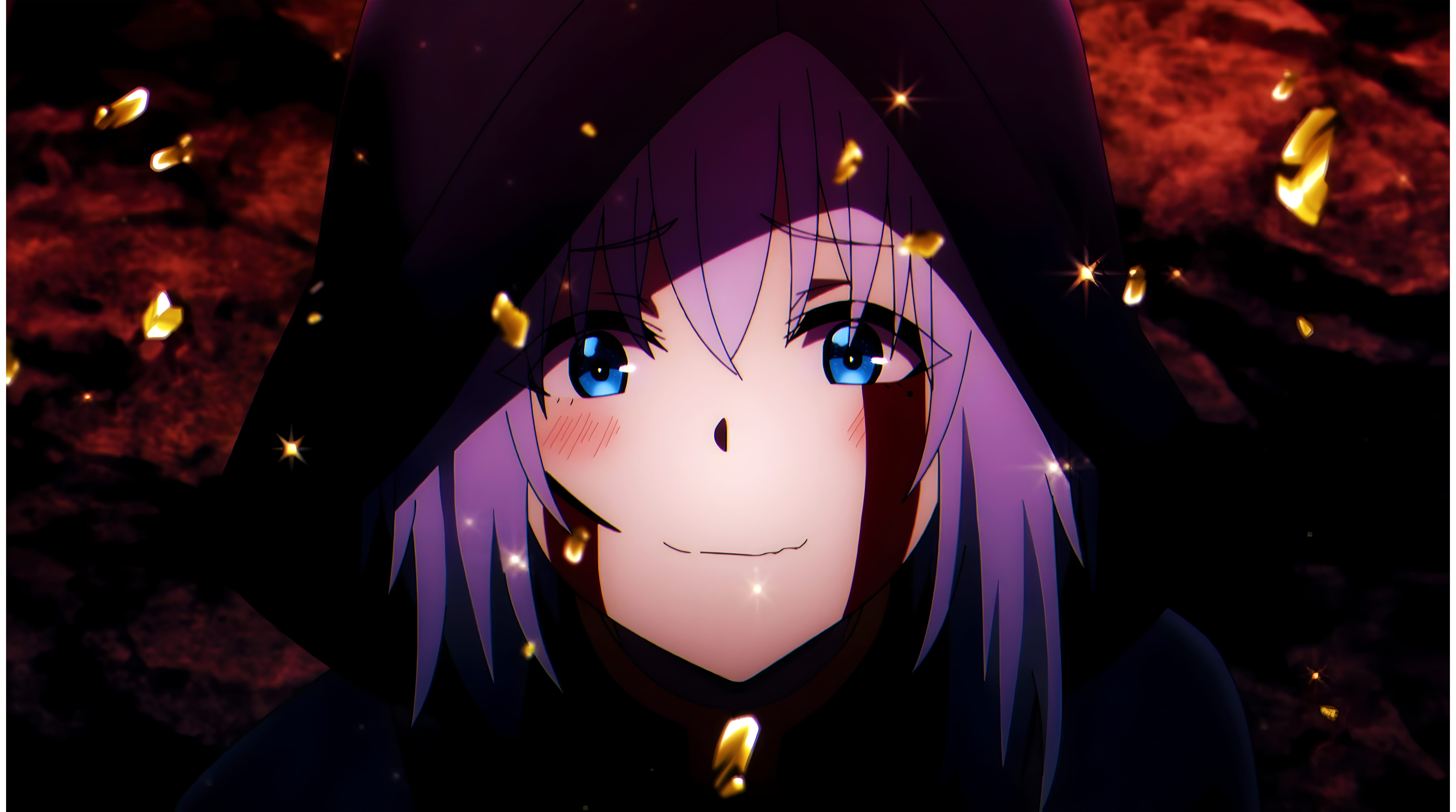 The Eminence in Shadow, Anime-Mädchen, Kapuze, Blaue Augen, Goldene Funken, 8K, Breitbild-Hintergrundbild