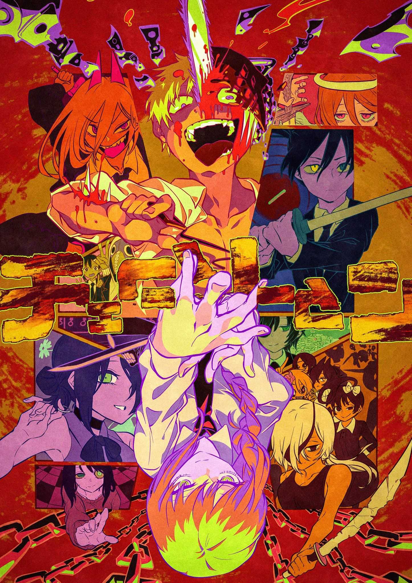 Chainsaw Man, Denji, Power, Charaktere, Collage, Bunt, QHD+, Hintergrundbild fürs Tablet