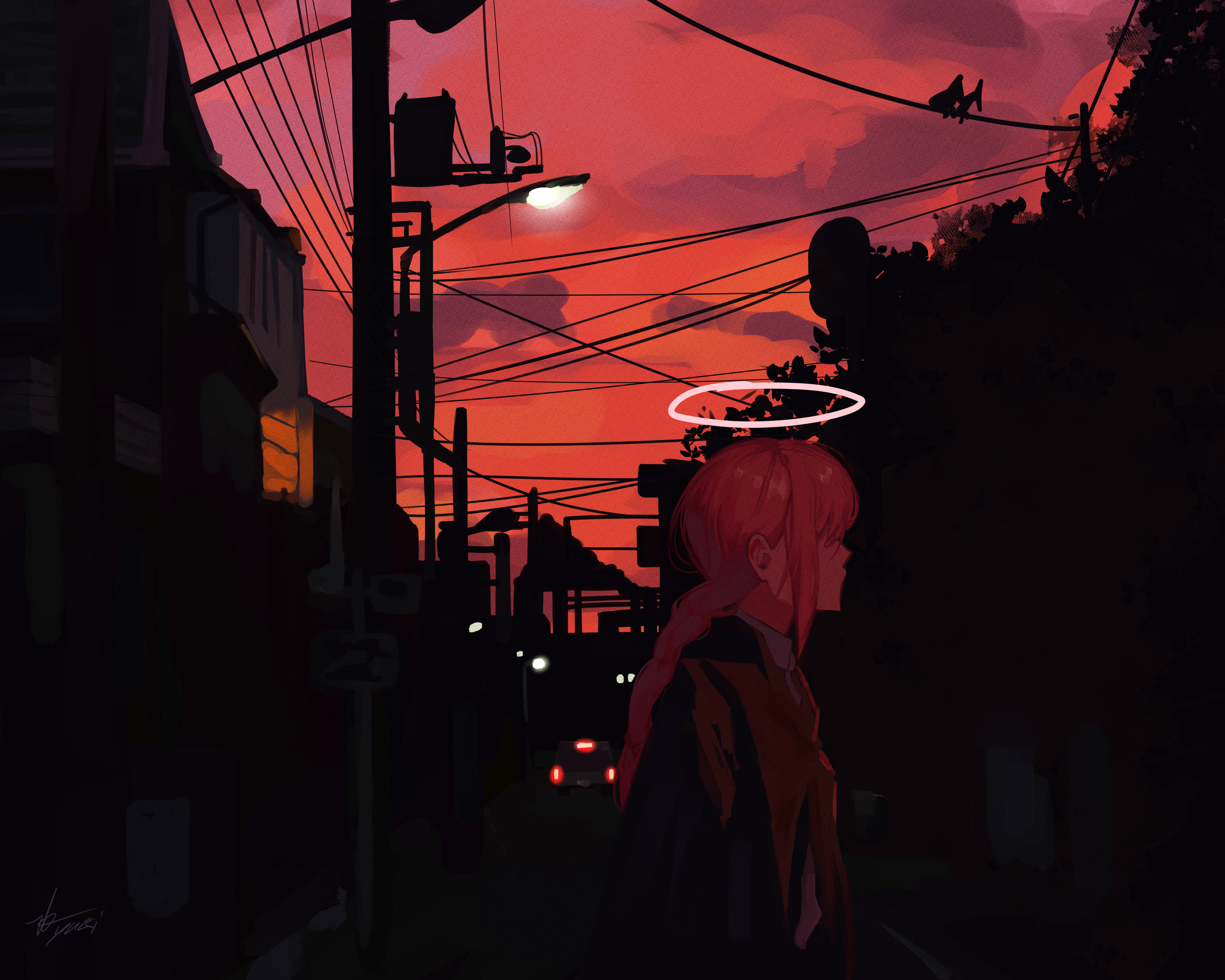 Makima, Engel-Teufel, Chainsaw Man, Heiligenschein, Abendstraße, Stromleitungen, 2K Wallpaper