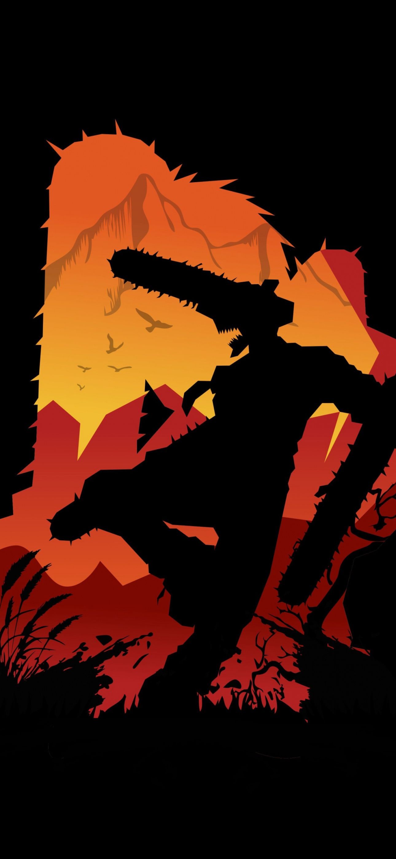 Chainsaw Man, Kettensäge, Silhouette, Orange-Schwarz, Hochformat, 1290x2796, Handy-Hintergrund