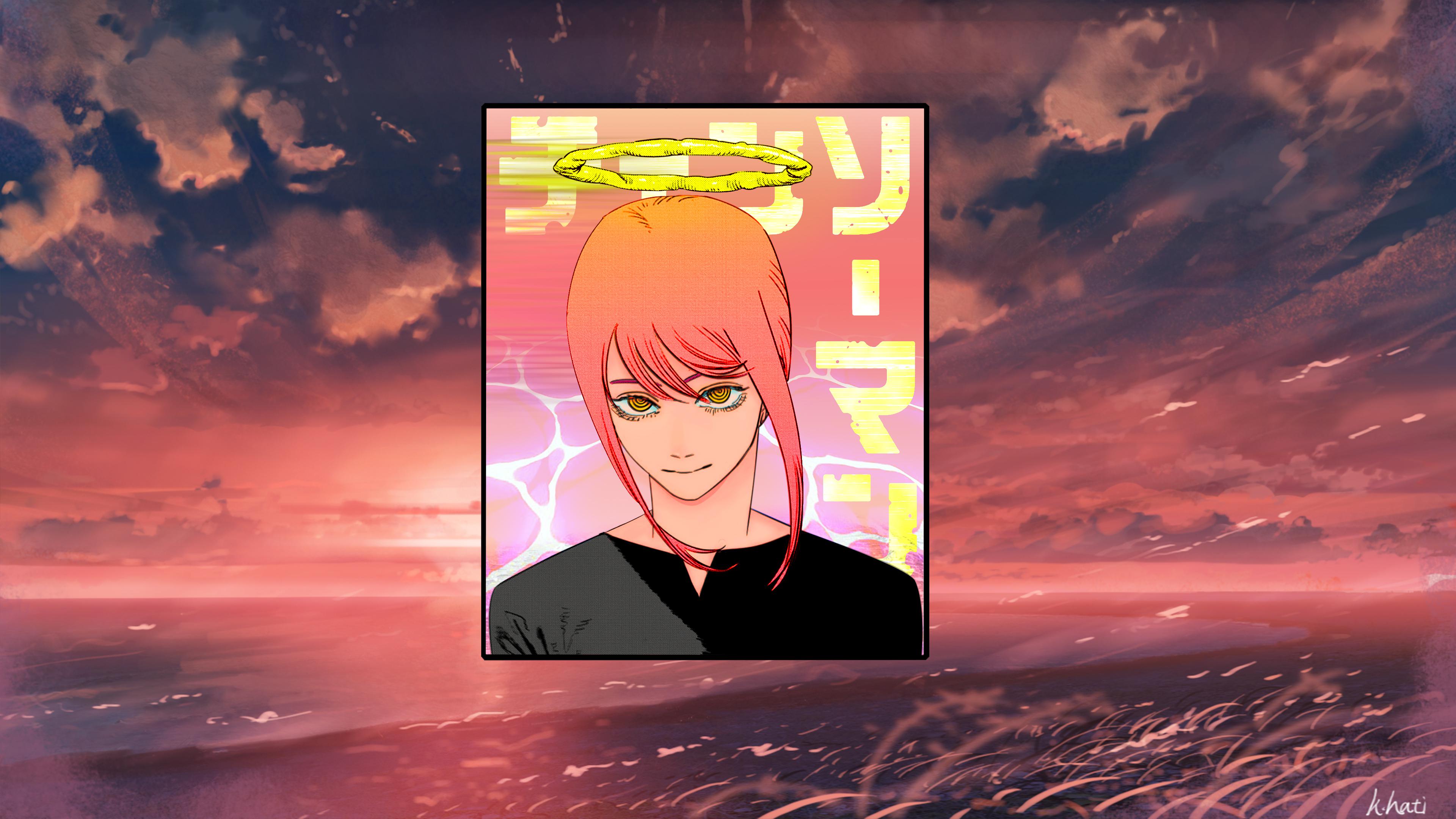Makima, Chainsaw Man, Heiligenschein, Sonnenuntergang, Meer, Japanischer Text, 4K-PC-Hintergrundbild