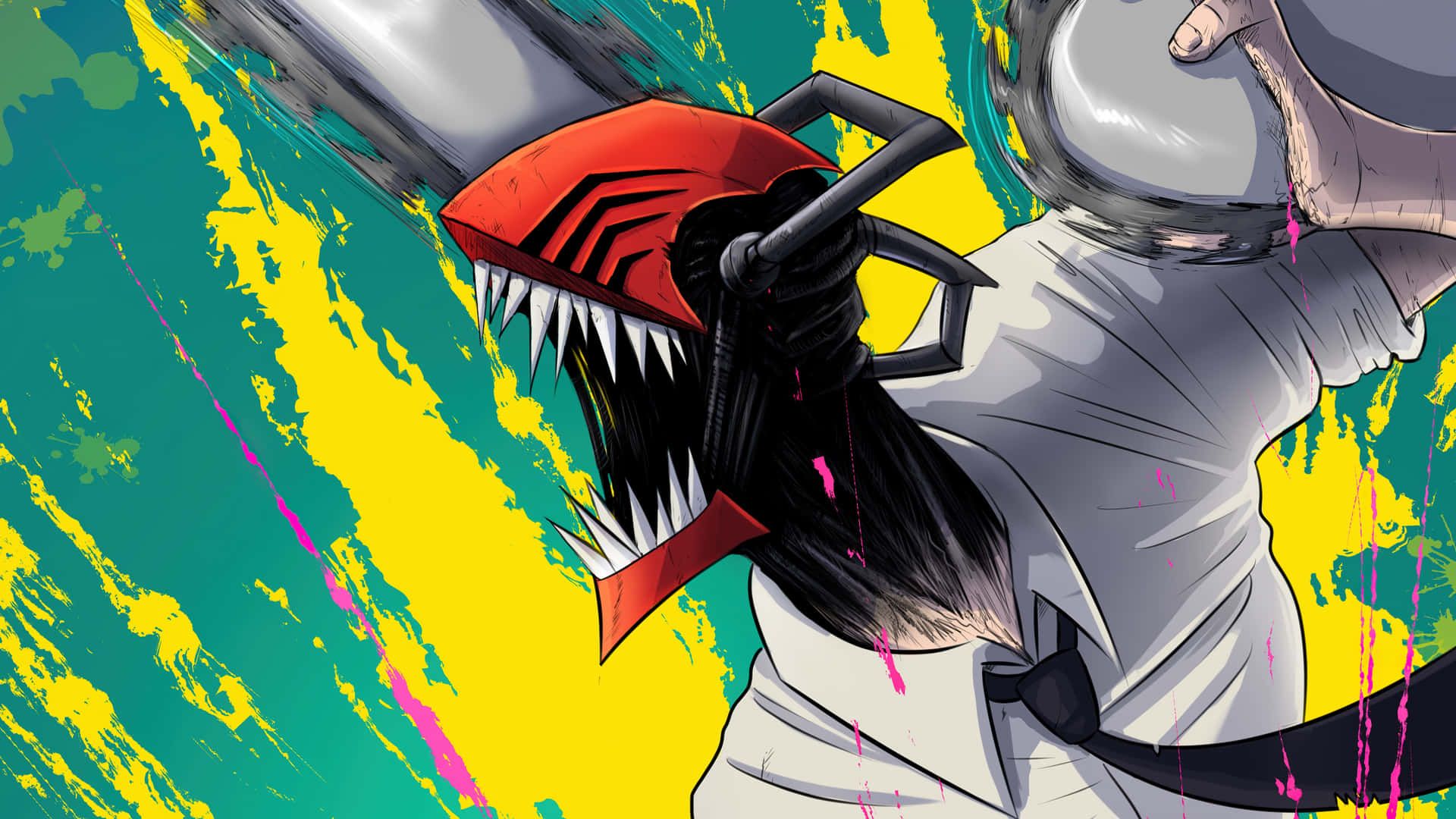 Chainsaw Man, Denji, Kettensägen-Kopf, Bunte Farbspritzer, Dynamisch, Full HD, Windows-Hintergrundbild