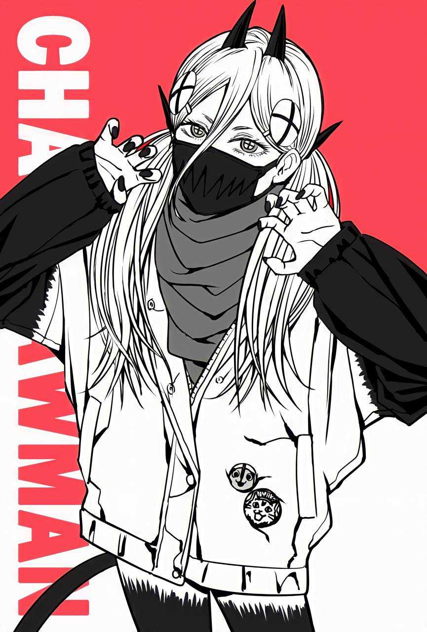 Power, Chainsaw Man, Hörner, Maske, Schriftzug, Rot-Weiß, Hintergrundbild fürs iPad