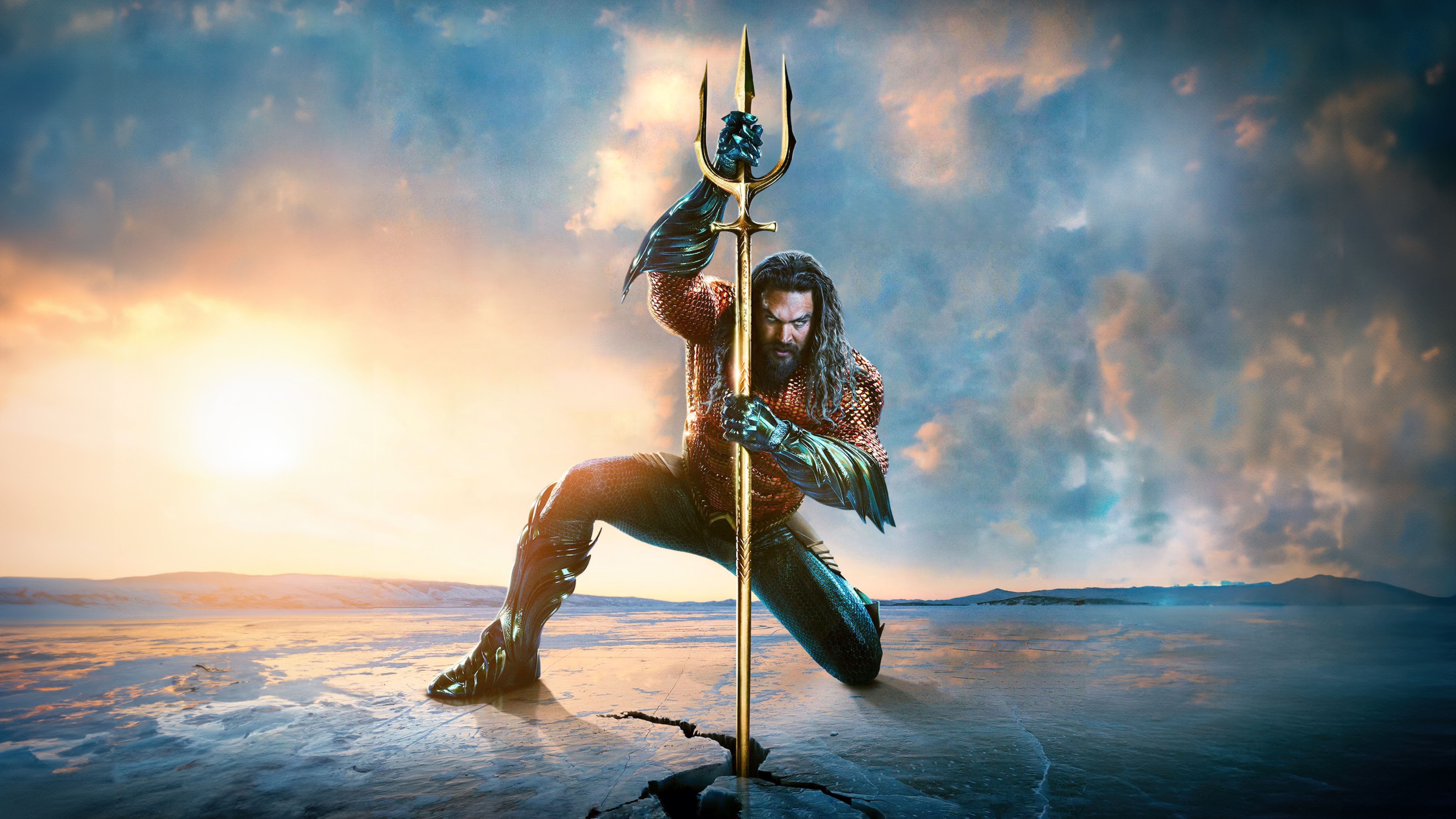 Aquaman, Jason Momoa, Aquaman: Lost Kingdom, Dreizack, Meer, Sonnenaufgang, 8K, PC-Hintergrundbild